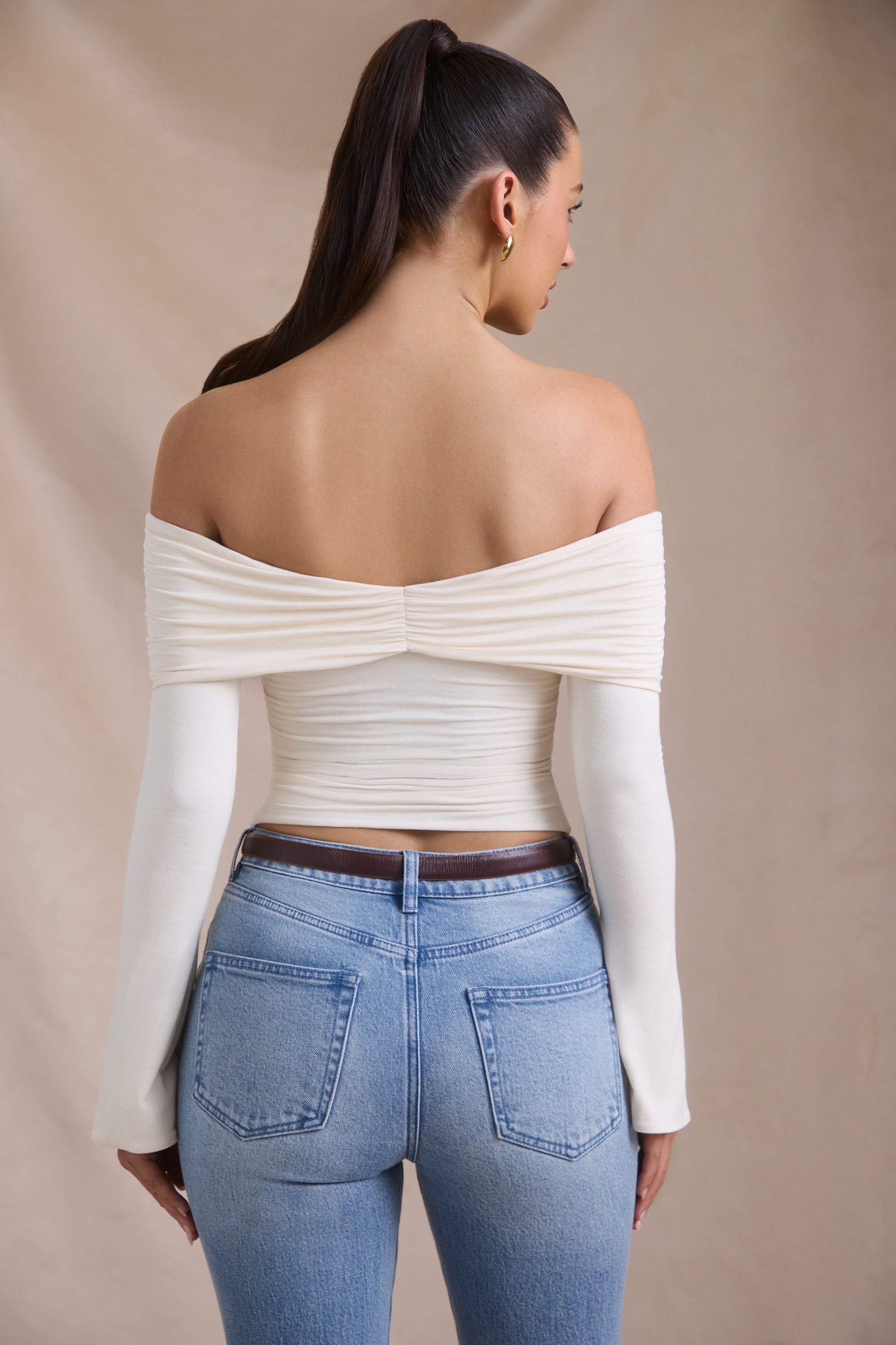 Pavni Modal-Cashmere Blend Off-Shoulder Ruched Top in Ivory - Image 2