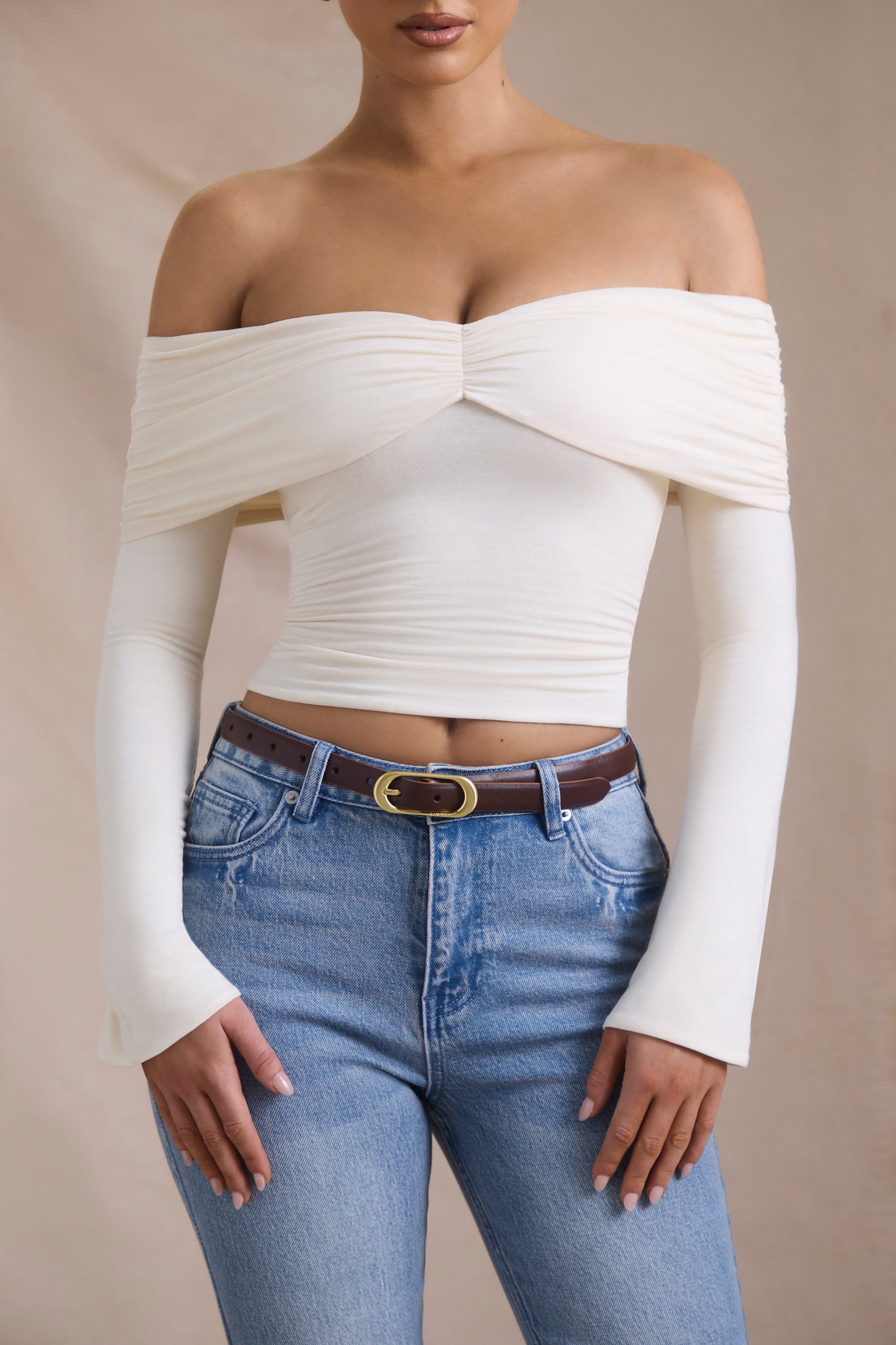 Pavni Modal-Cashmere Blend Off-Shoulder Ruched Top in Ivory - Image 4