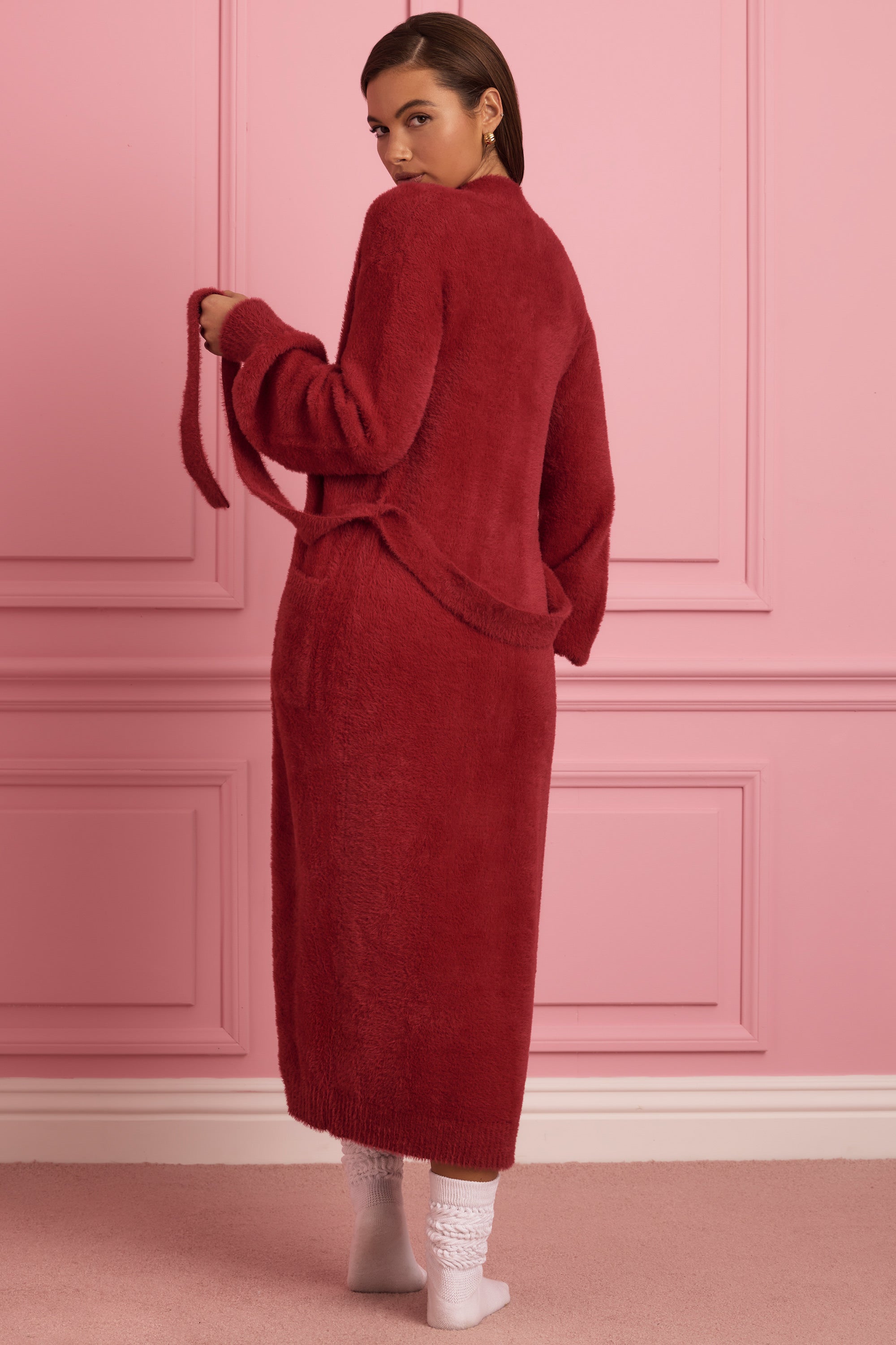 Priya Fluffy Knit Longline Cardigan in Ruby Red - Image 2