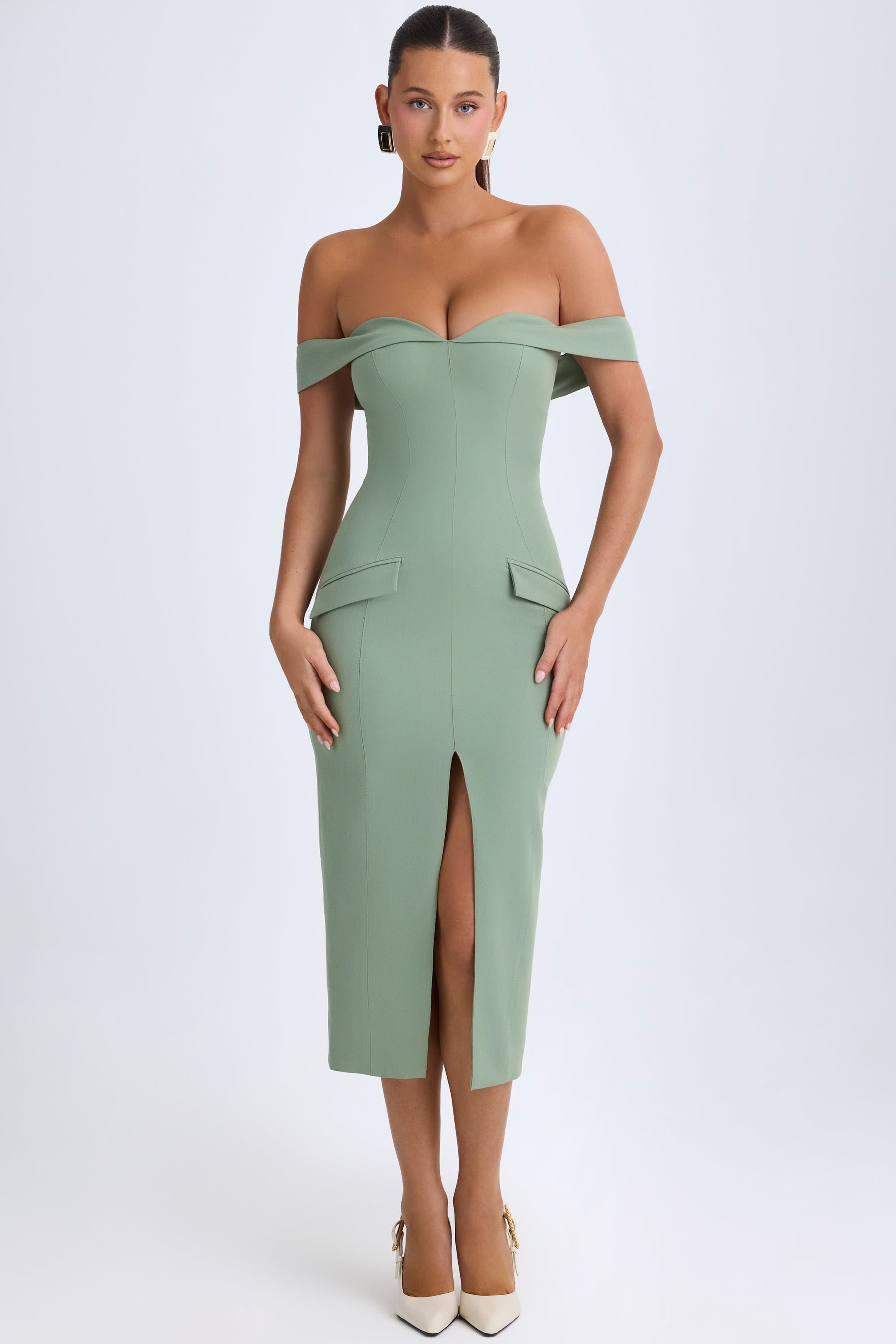 Rasine Off-Shoulder Midaxi Dress in Khaki Green - Image 2