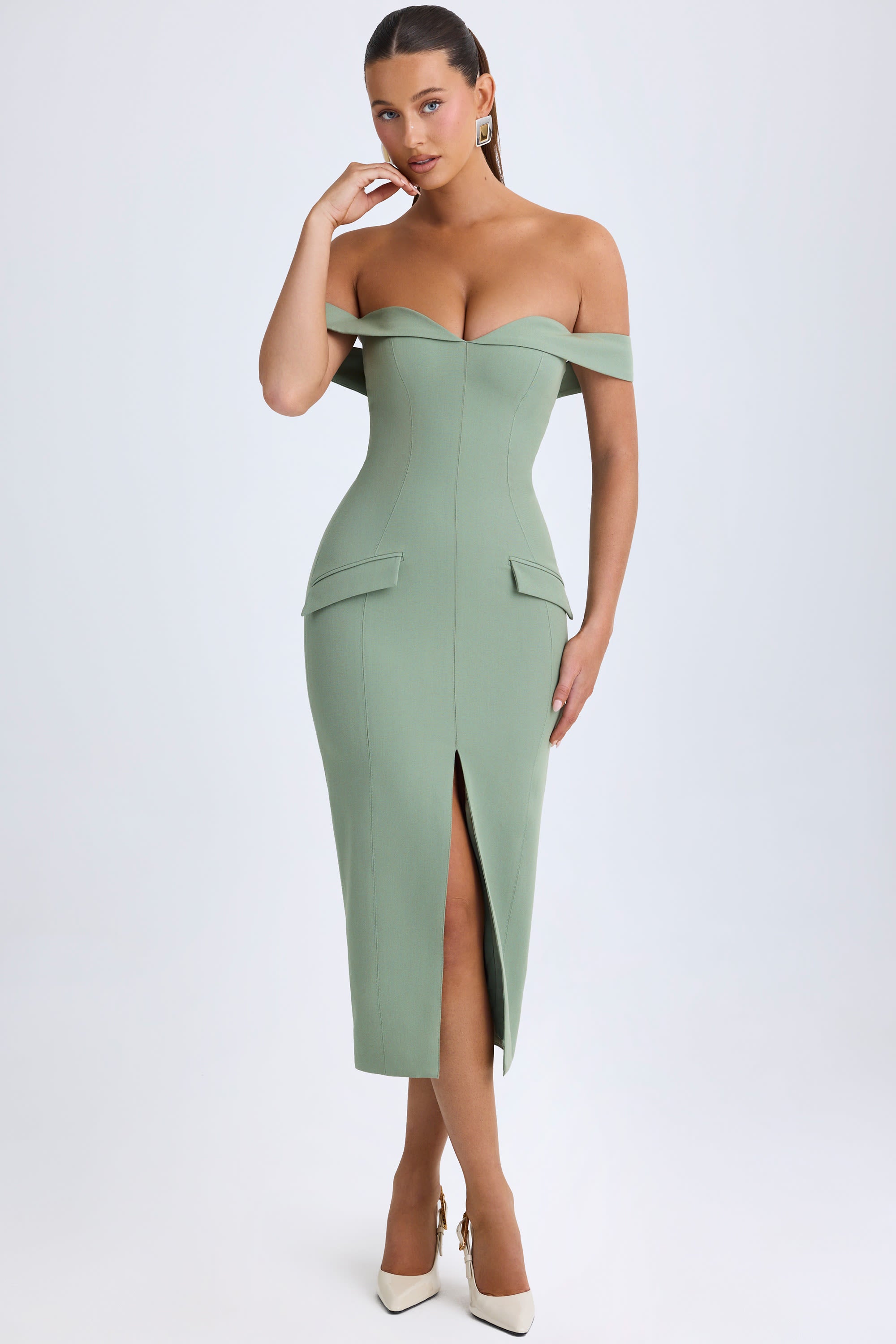 Rasine Off-Shoulder Midaxi Dress in Khaki Green - Image 6