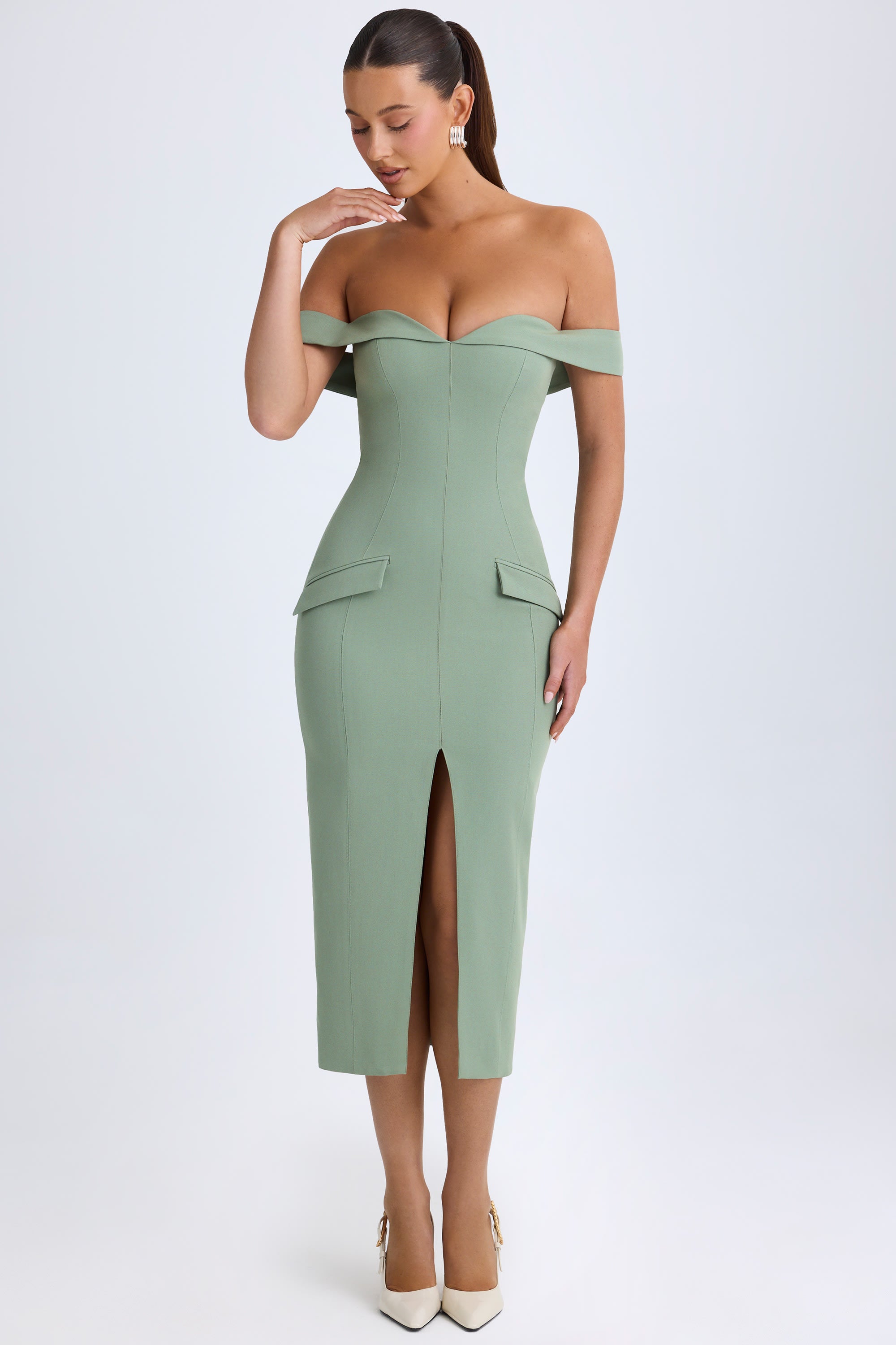 Rasine Off-Shoulder Midaxi Dress in Khaki Green - Image 7