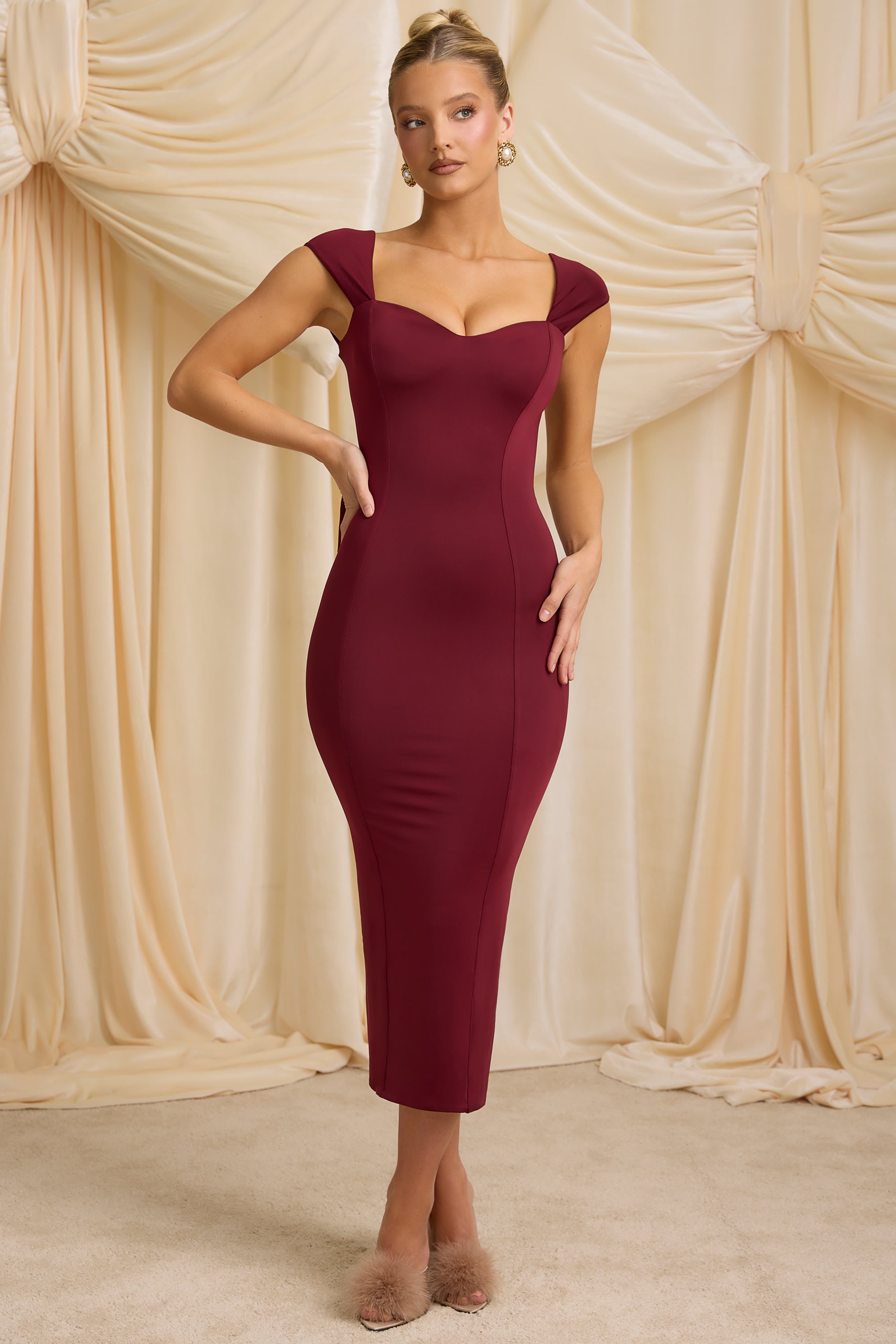 Ravina Slinky Jersey Bow-Detail Midaxi Dress Wine Red - Image 8