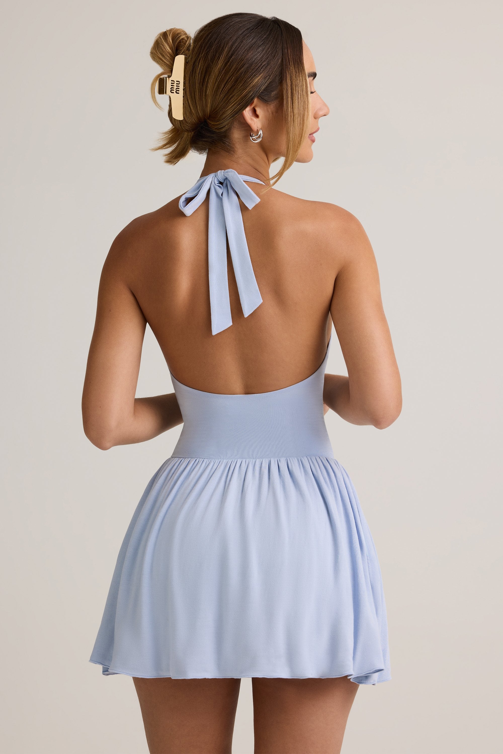 Reanna Modal Backless Halterneck Mini Dress in Light Blue - Image 5