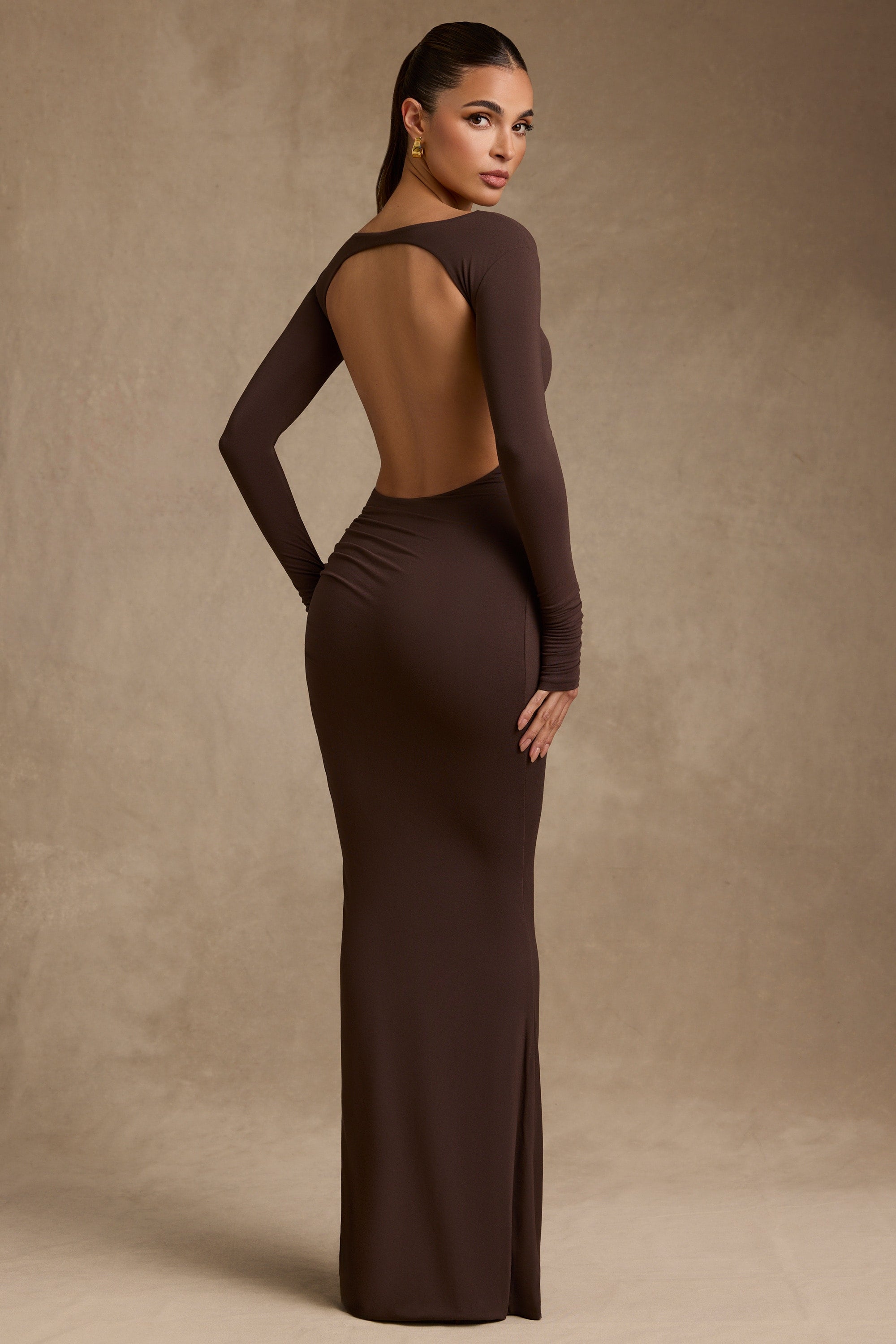 Regine Modal Ruched Backless Maxi Dress in Chocolate Brown