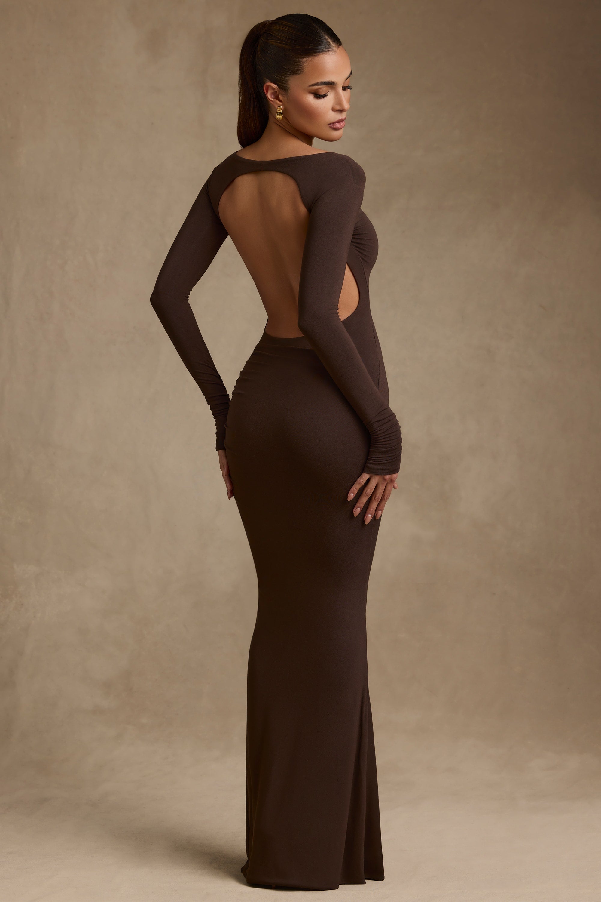 Regine Modal Ruched Backless Maxi Dress in Chocolate Brown - Image 9