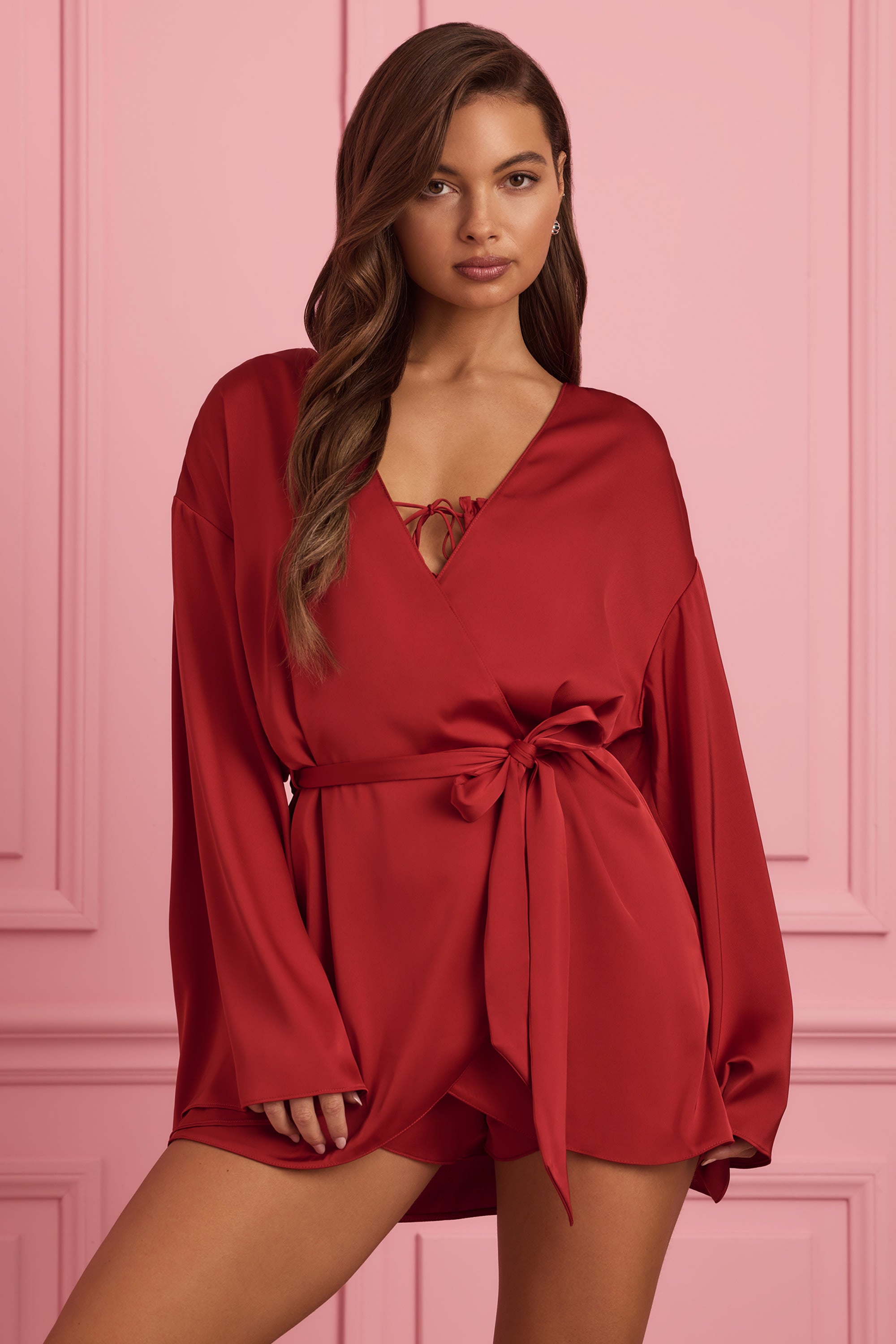 Reina Embellished Wrap-Over Robe in Ruby Red