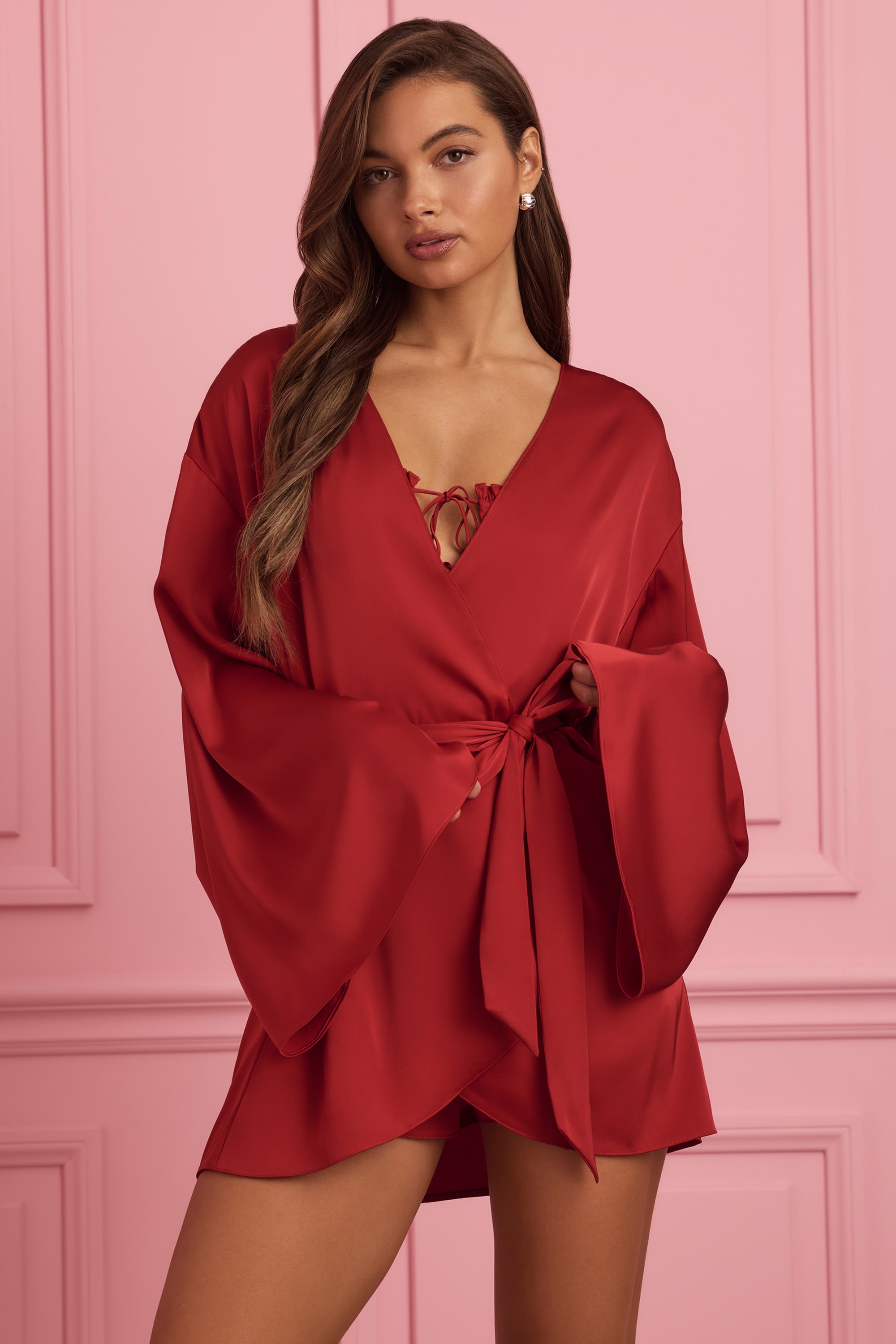 Reina Embellished Wrap-Over Robe in Ruby Red - Image 7