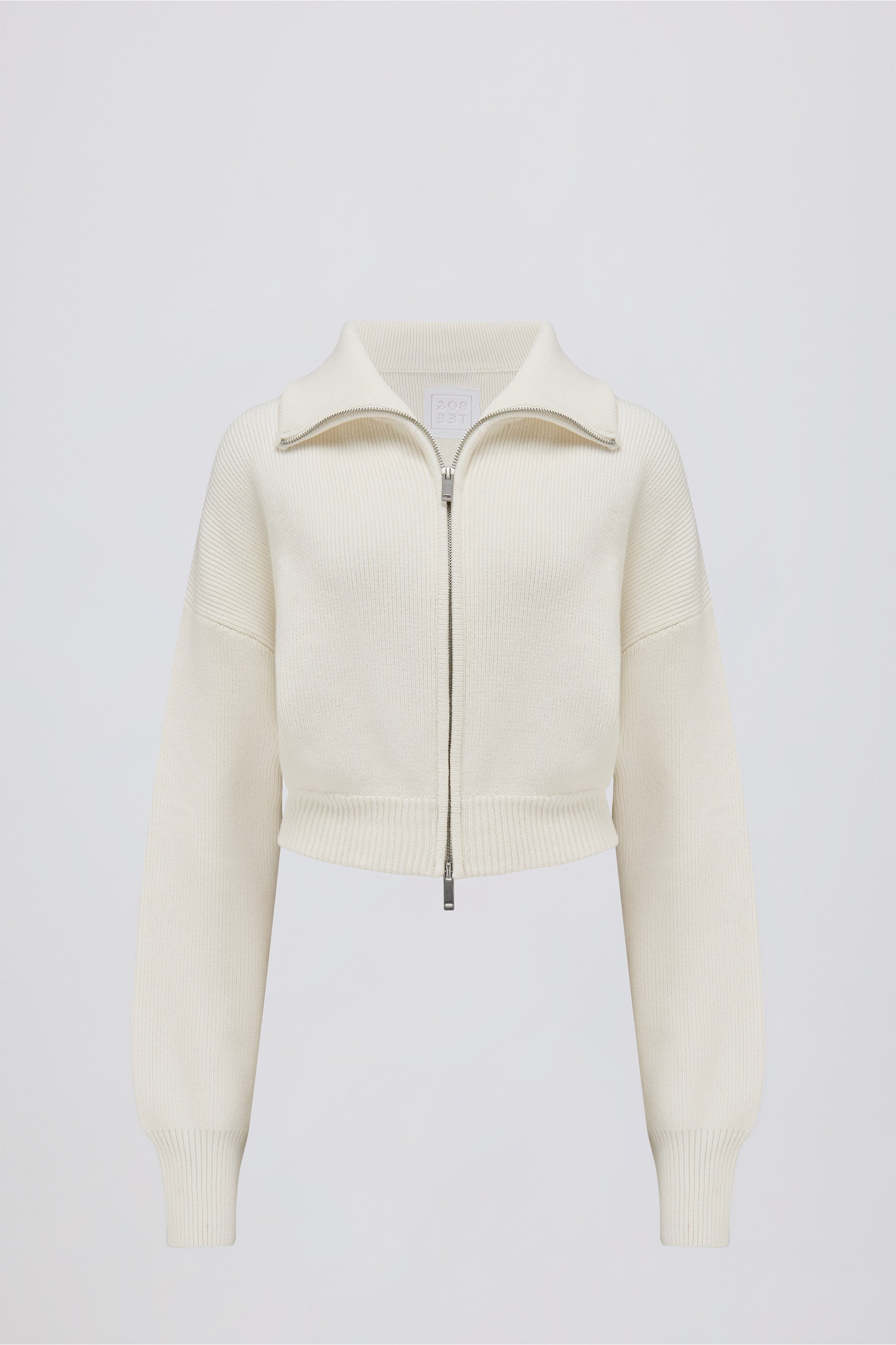 Ribbed-Knit Cropped Zip-Up Sweatshirt in Ivory - Image 2
