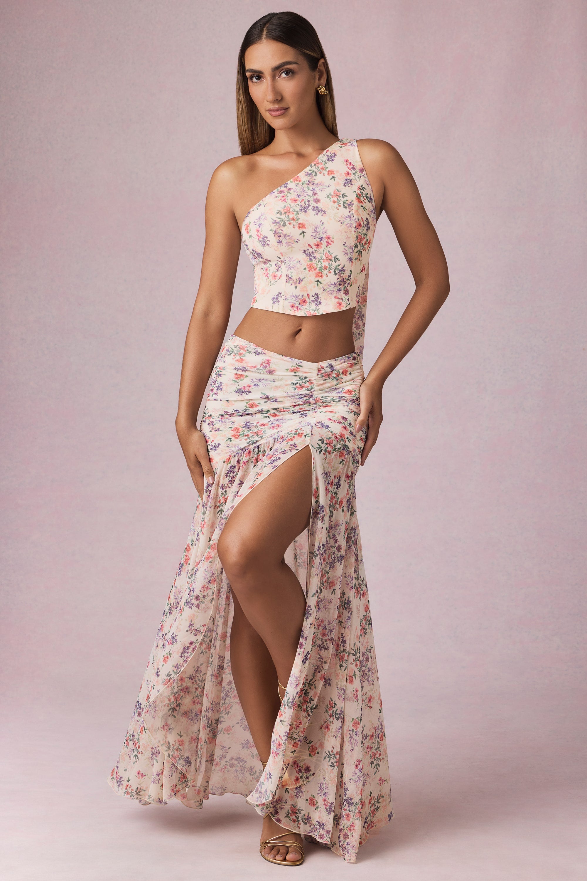 Romy Asymmetric Ruched Maxi Skirt in Primrose Floral Print