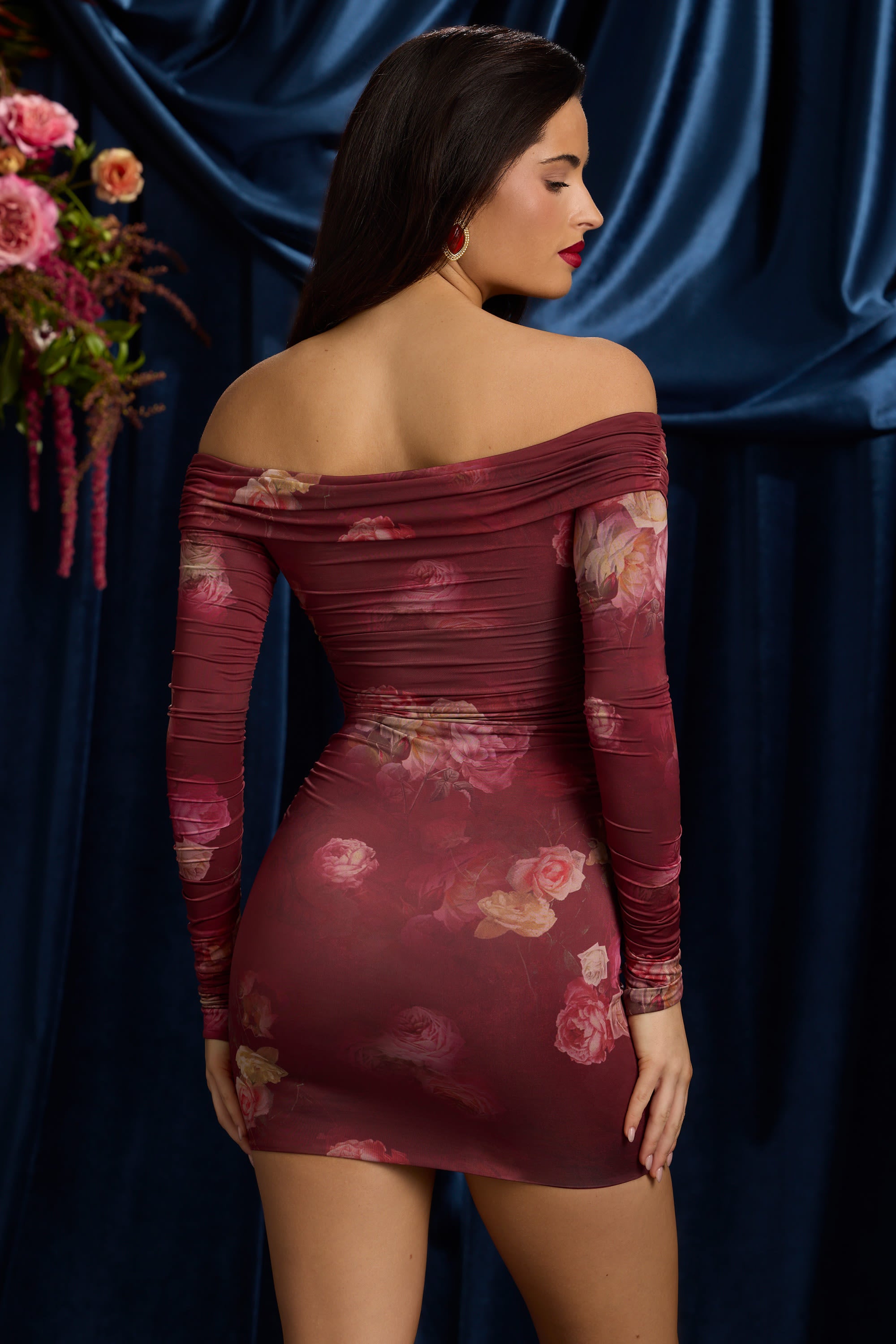 Rosanna Off-Shoulder Ruched Mini Dress in Maroon Floral Print - Image 3