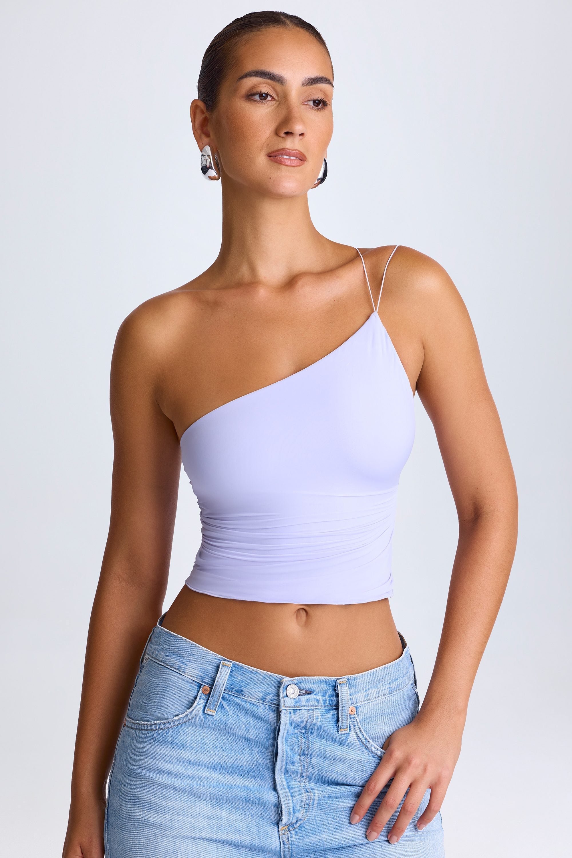 Roseau One-Shoulder Lace-Up Top in Soft Lilac
