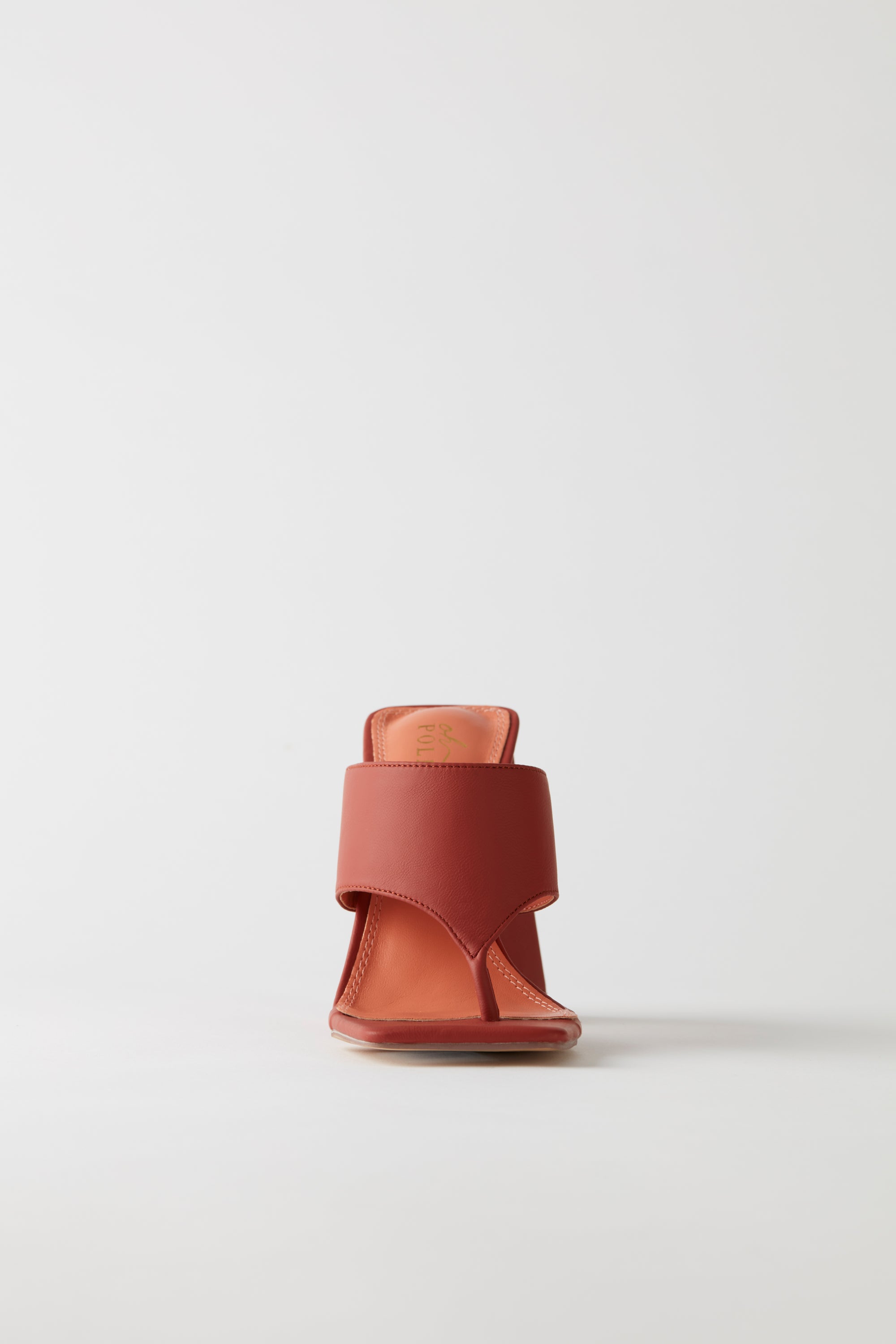 Love Triangle Toe Post Leatherette Mule Heels in Terracotta - Image 2
