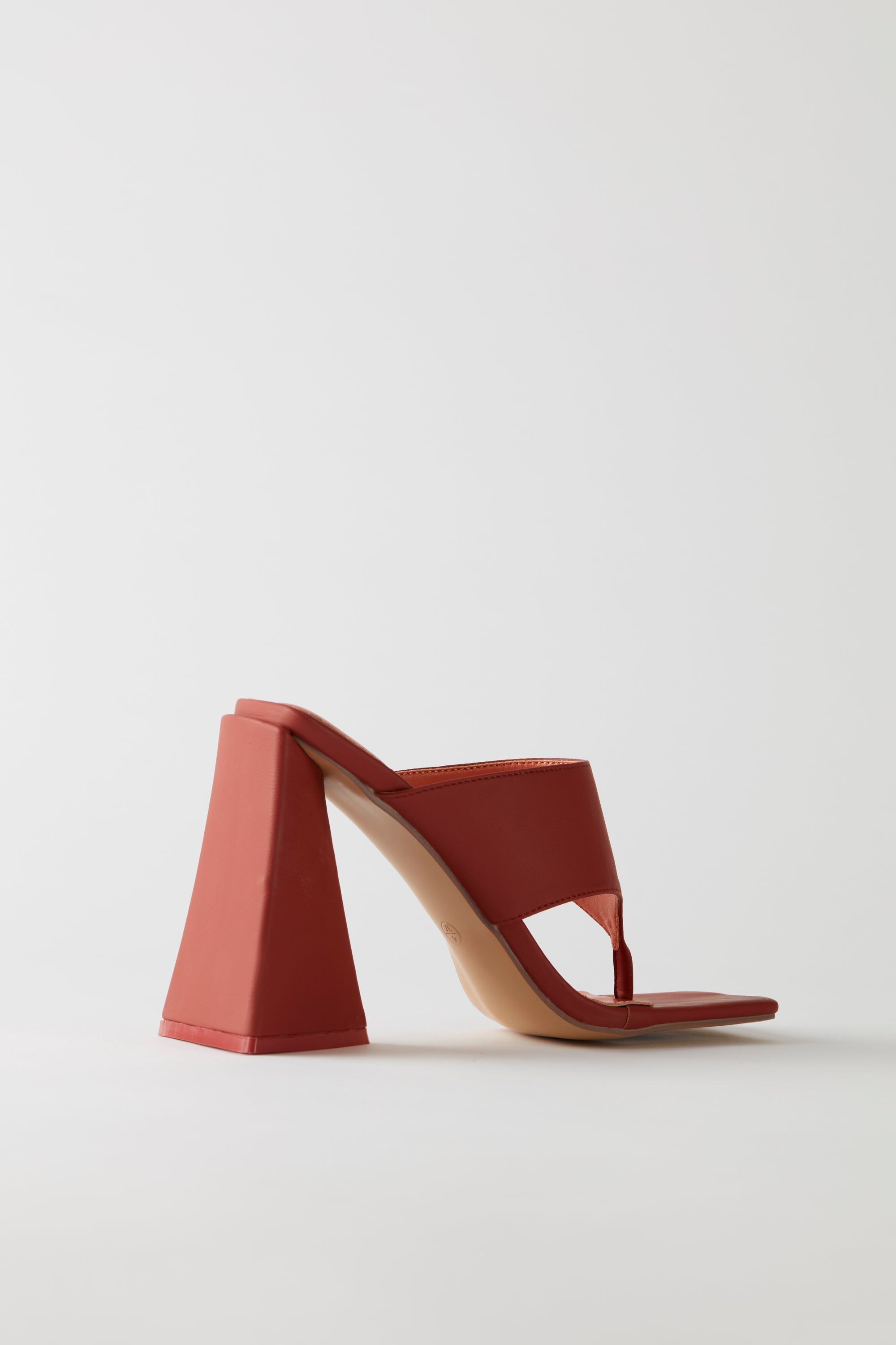 Love Triangle Toe Post Leatherette Mule Heels in Terracotta - Image 6