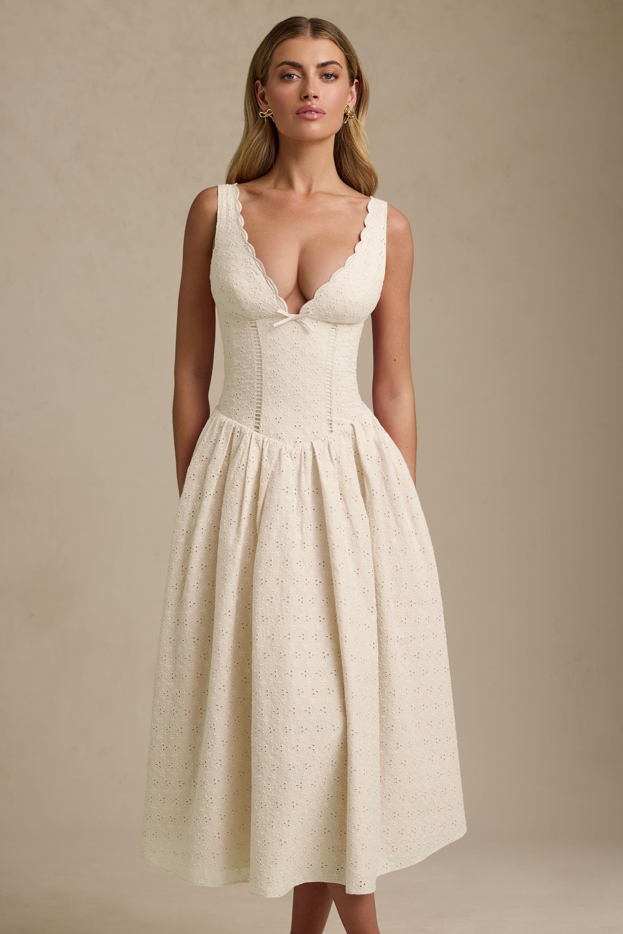 Saidey Broderie Anglaise Bow-Detail A-Line Midaxi Dress in Ivory