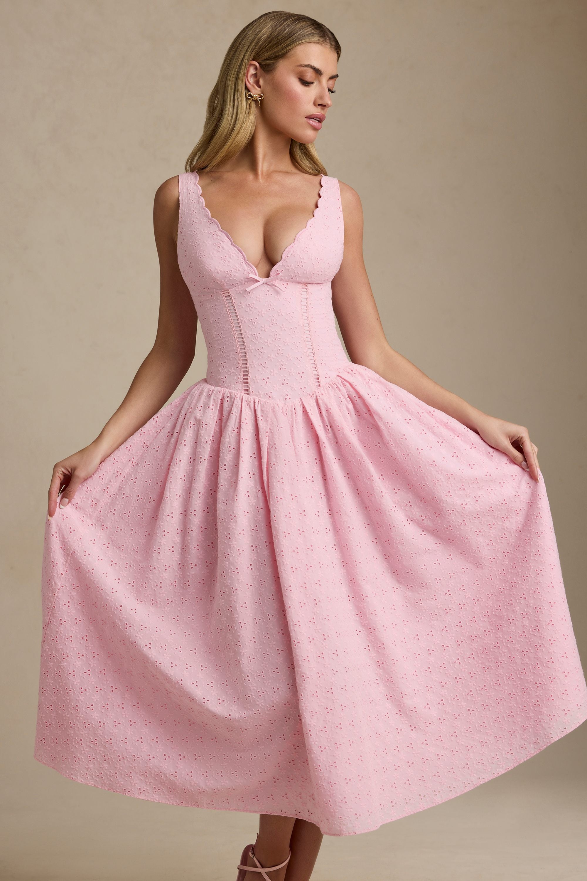 Saidey Broderie Anglaise Bow-Detail A-Line Midaxi Dress in Soft Pink