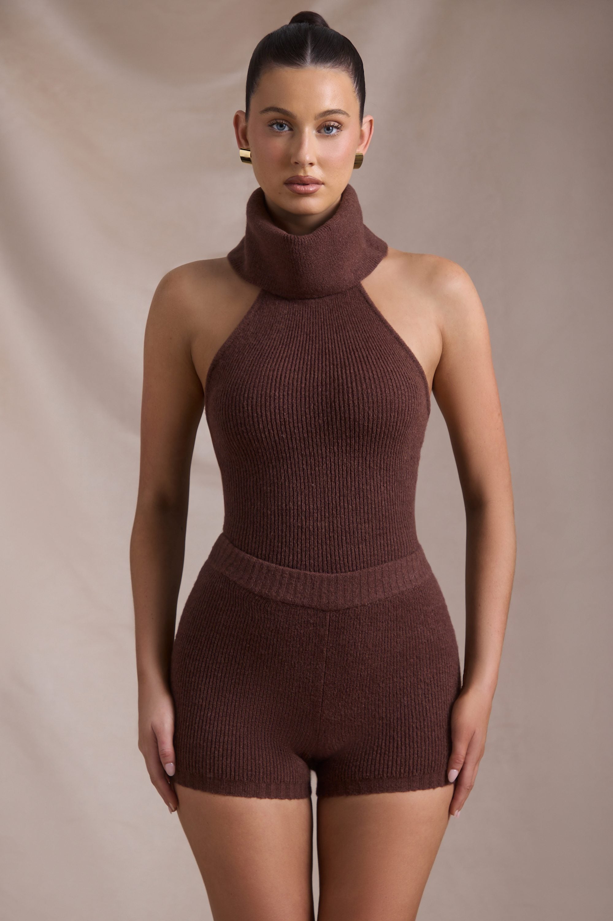 Sakari Ribbed-Knit Turtleneck Backless Top in Espresso - Image 5
