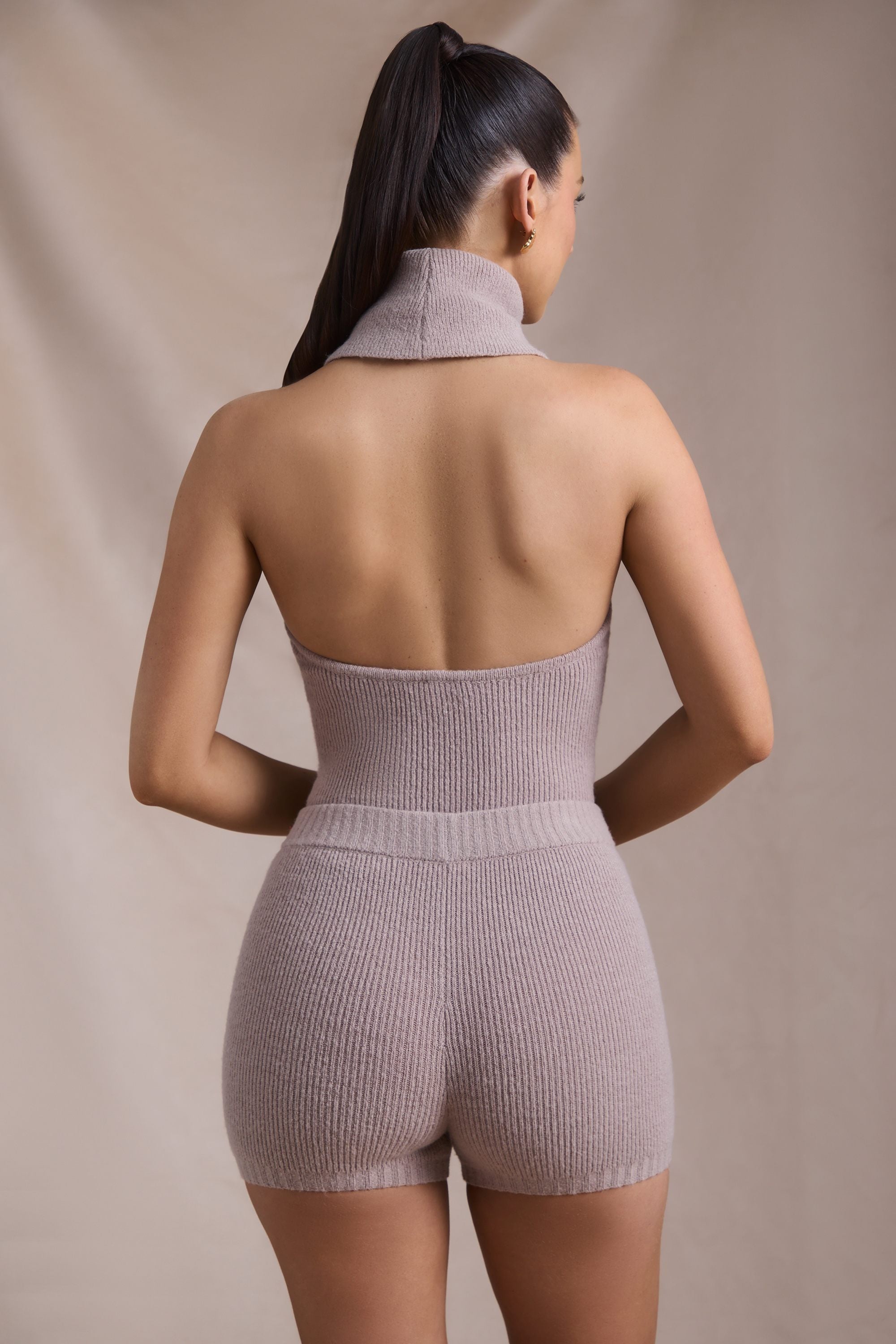 Sakari Ribbed-Knit Turtleneck Backless Top in Taupe - Image 3