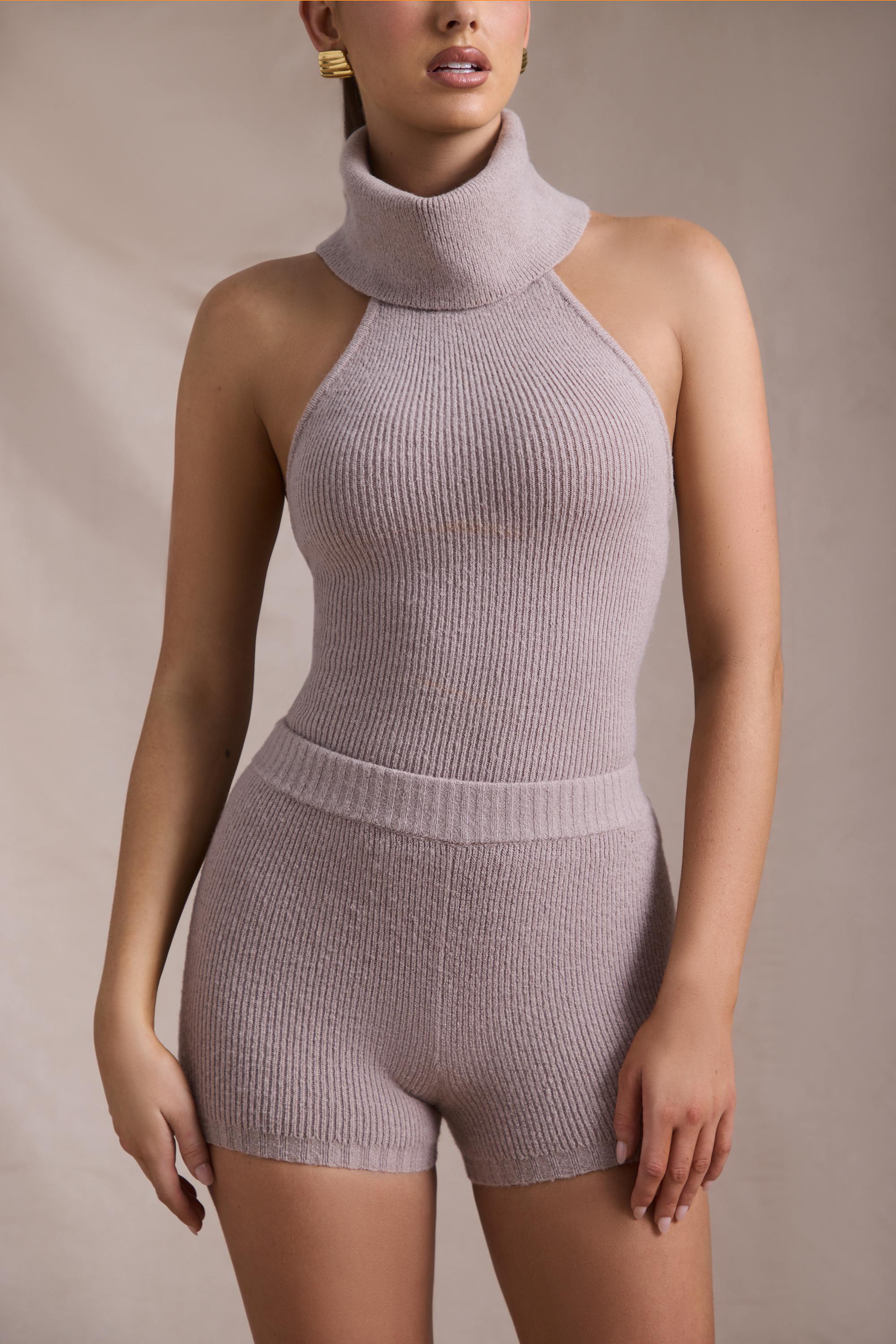 Sakari Ribbed-Knit Turtleneck Backless Top in Taupe - Image 5