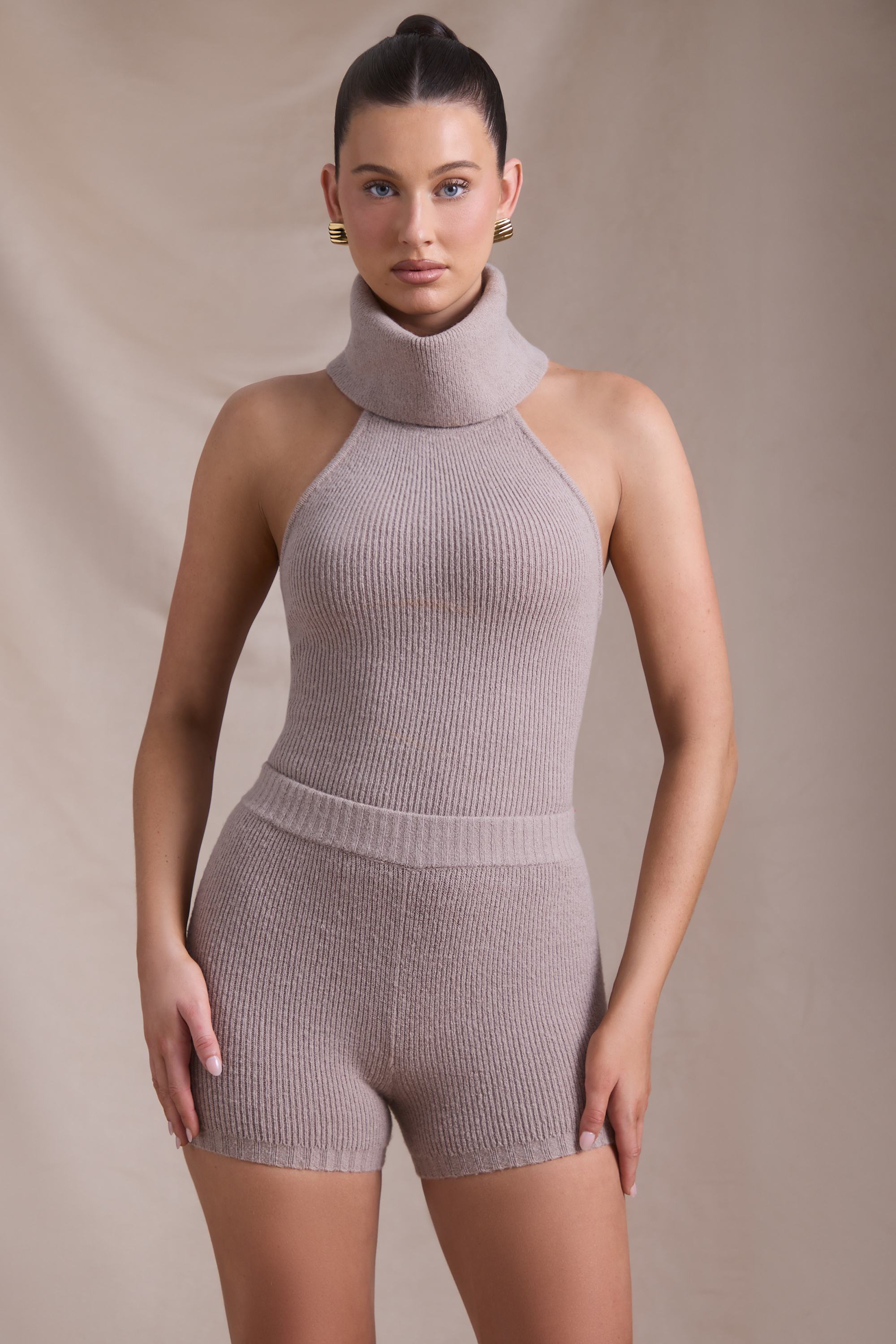 Sakari Ribbed-Knit Turtleneck Backless Top in Taupe - Image 7