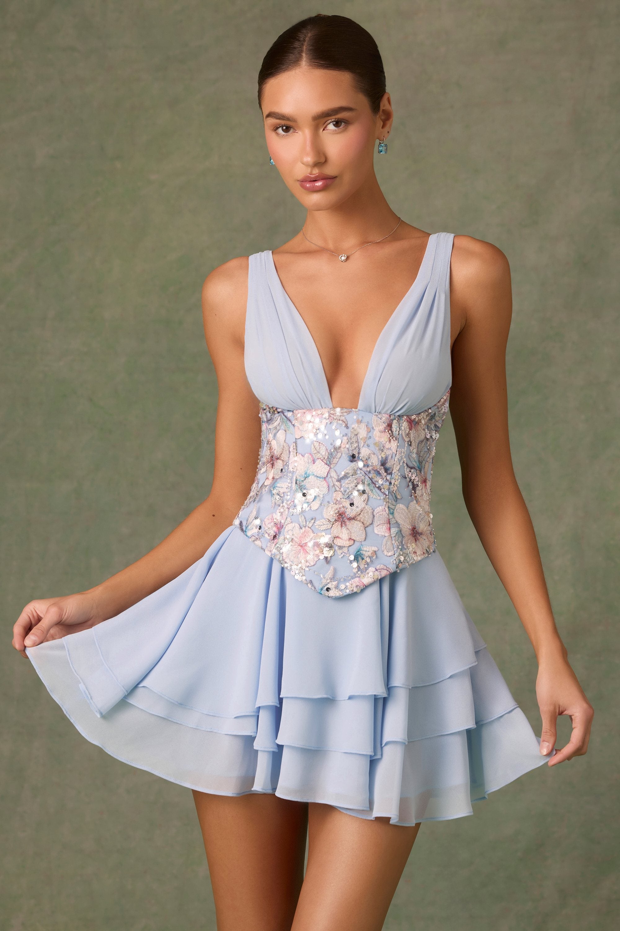 Sakura Corset Mini Dress with Tiered Skirt in Floral Blue