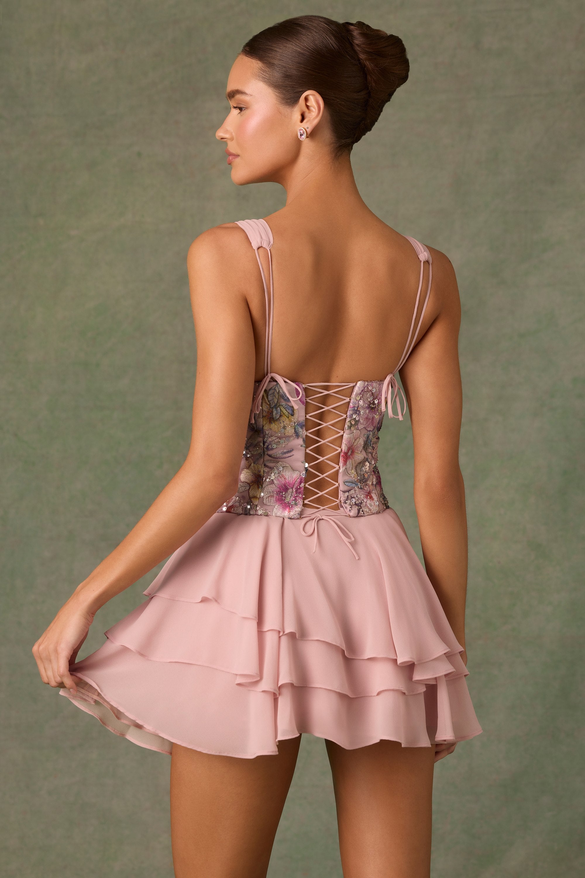Sakura Embellished Ruffled Corset Mini Dress in Floral Pink - Image 2