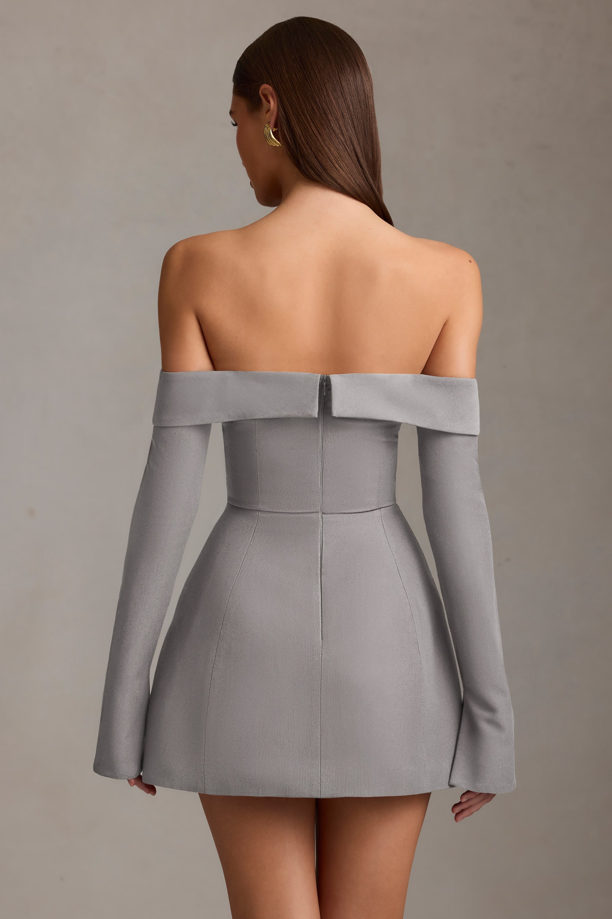 Seraphina Off-Shoulder Structured A-Line Mini Dress in Grey - Image 3