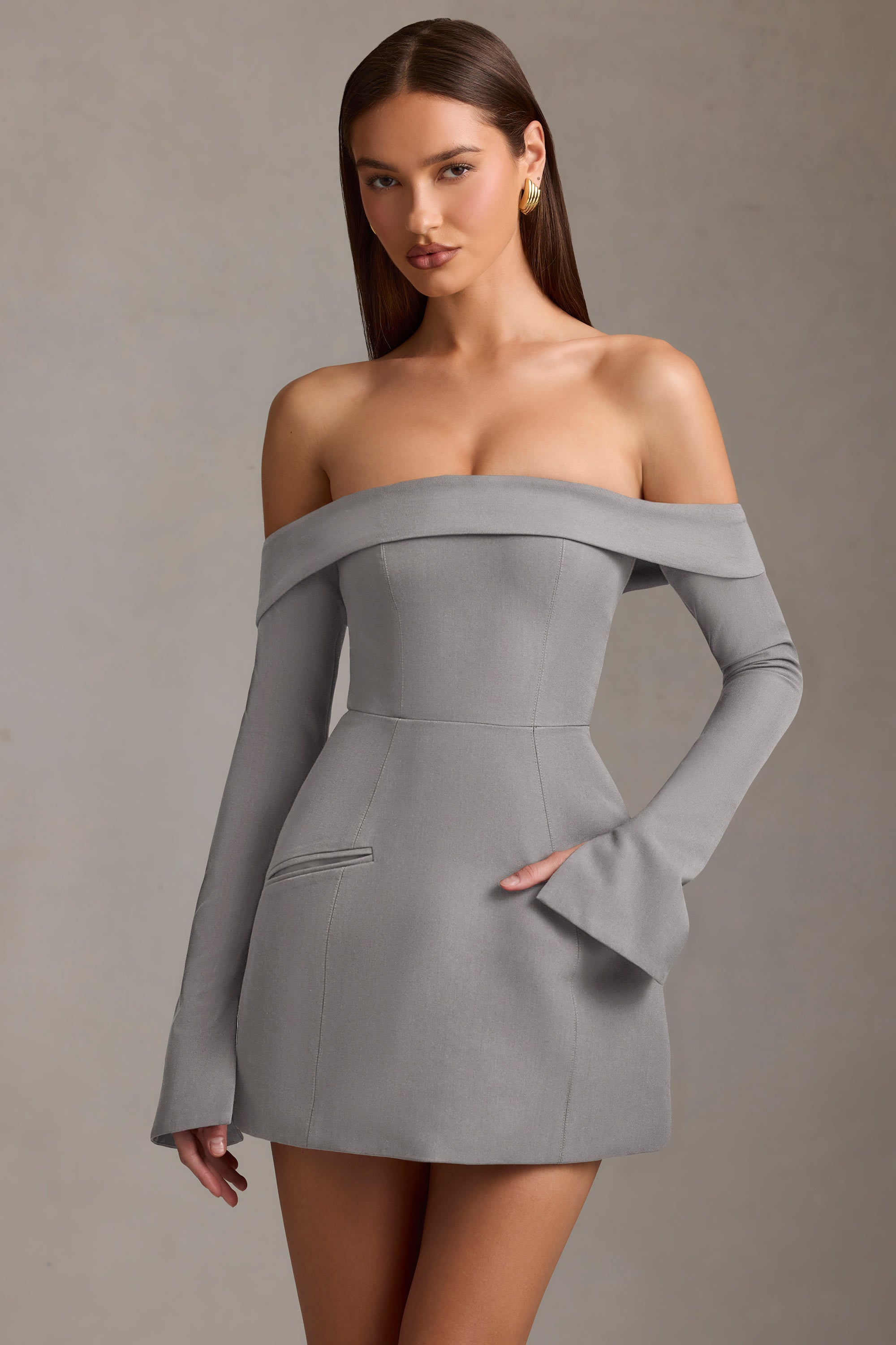 Seraphina Off-Shoulder Structured A-Line Mini Dress in Grey - Image 6