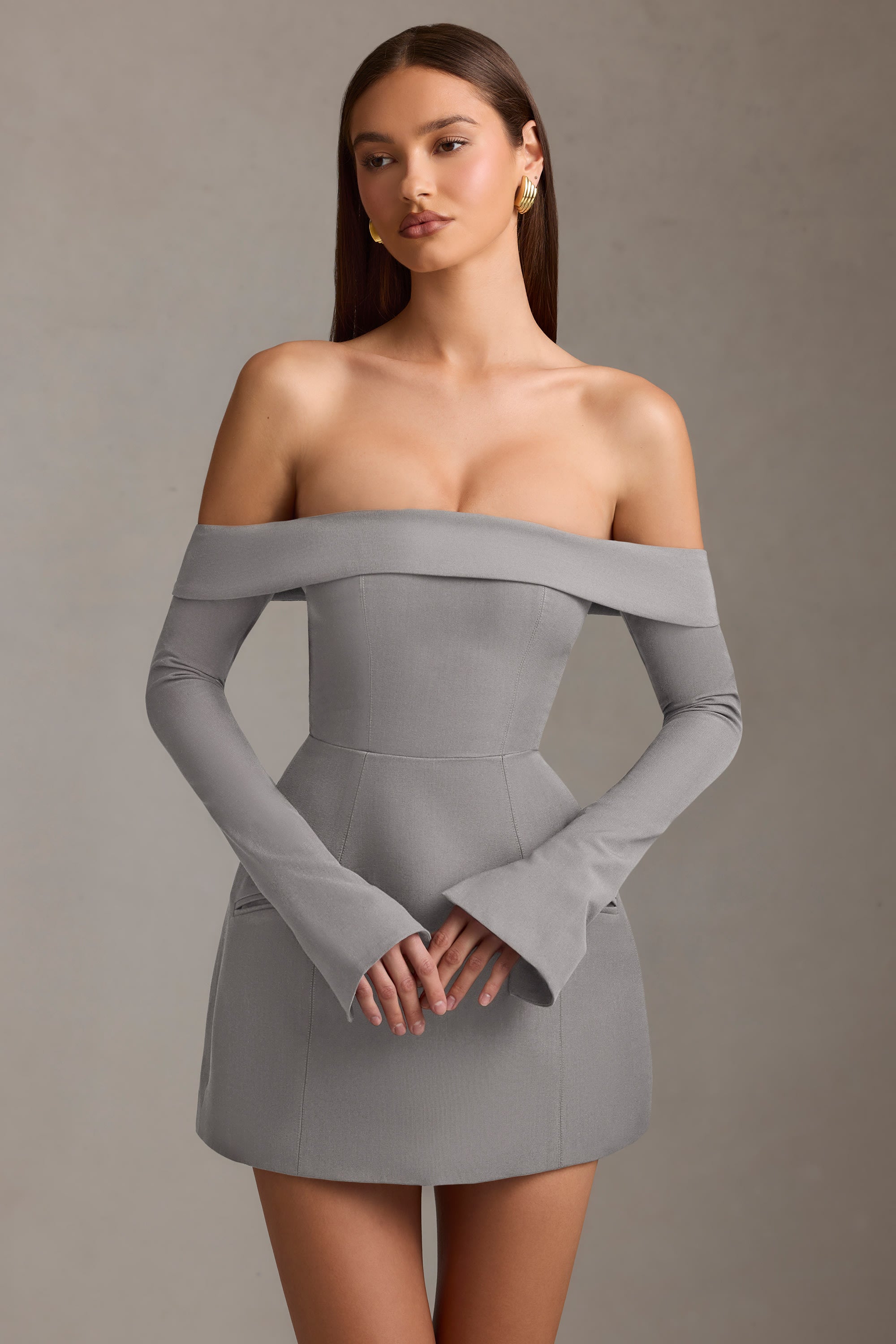 Seraphina Off-Shoulder Structured A-Line Mini Dress in Grey - Image 8