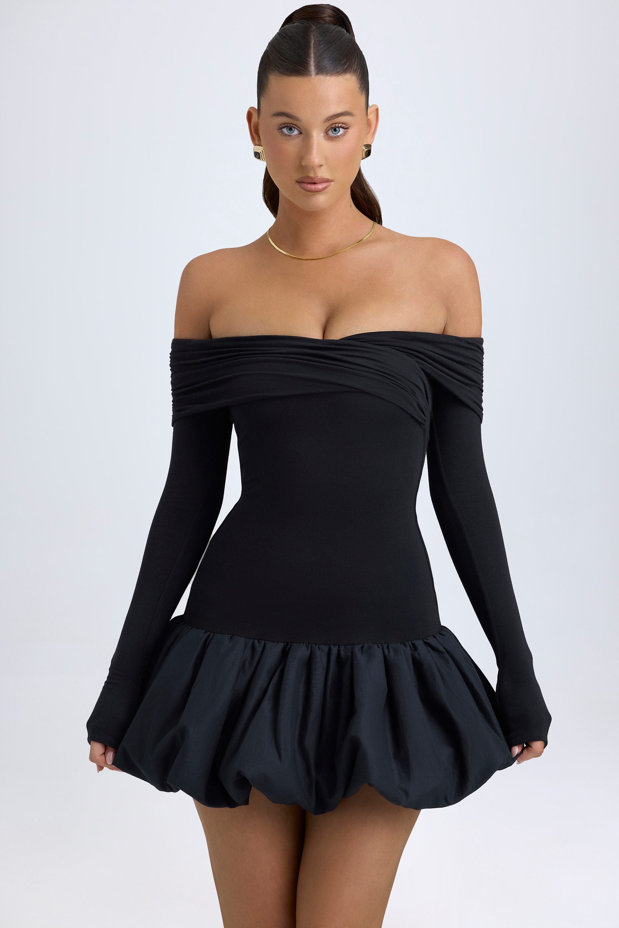 Serra Modal Off-Shoulder Bubble Hem Mini Dress in Black