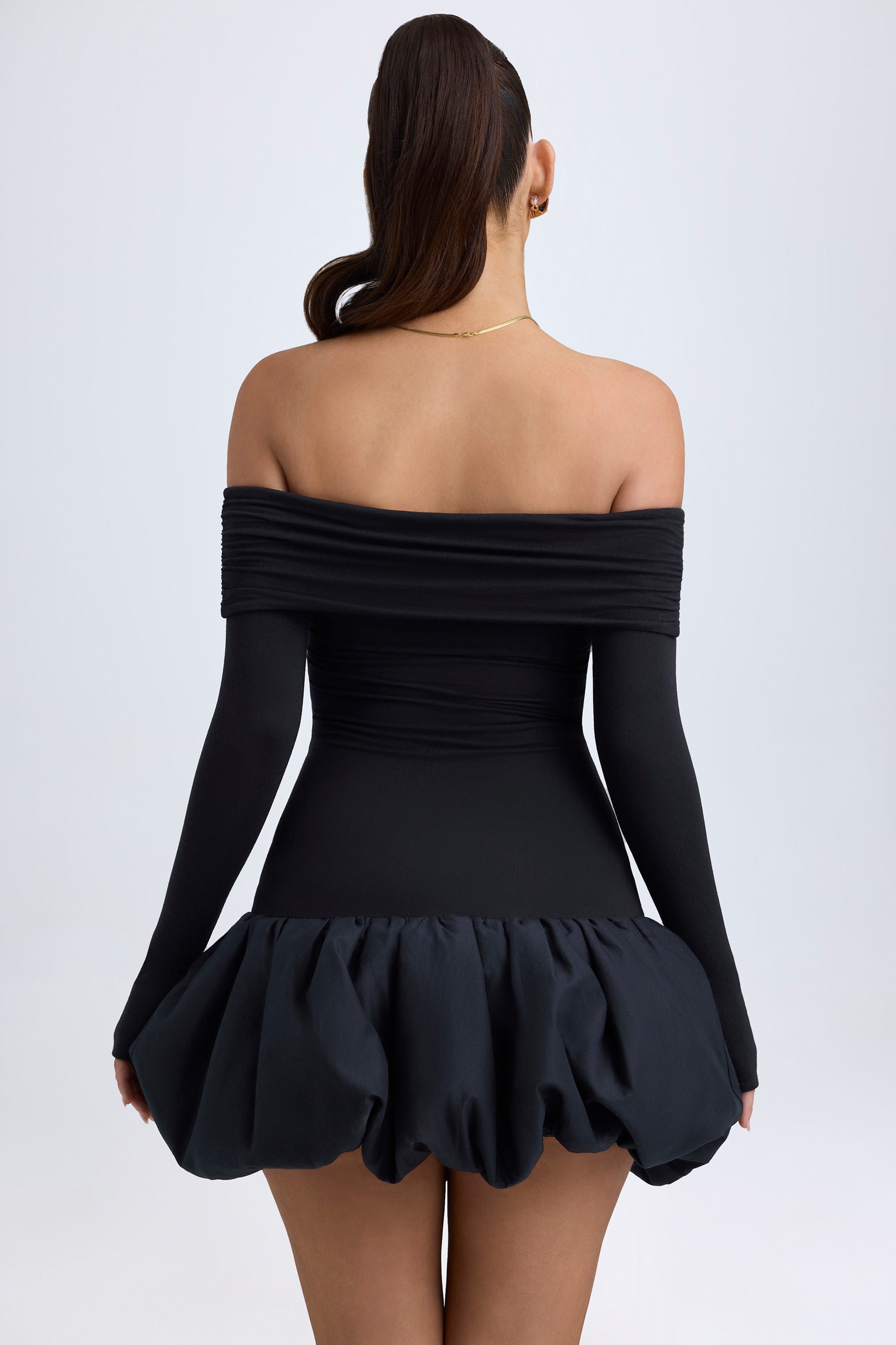 Serra Modal Off-Shoulder Bubble Hem Mini Dress in Black - Image 2