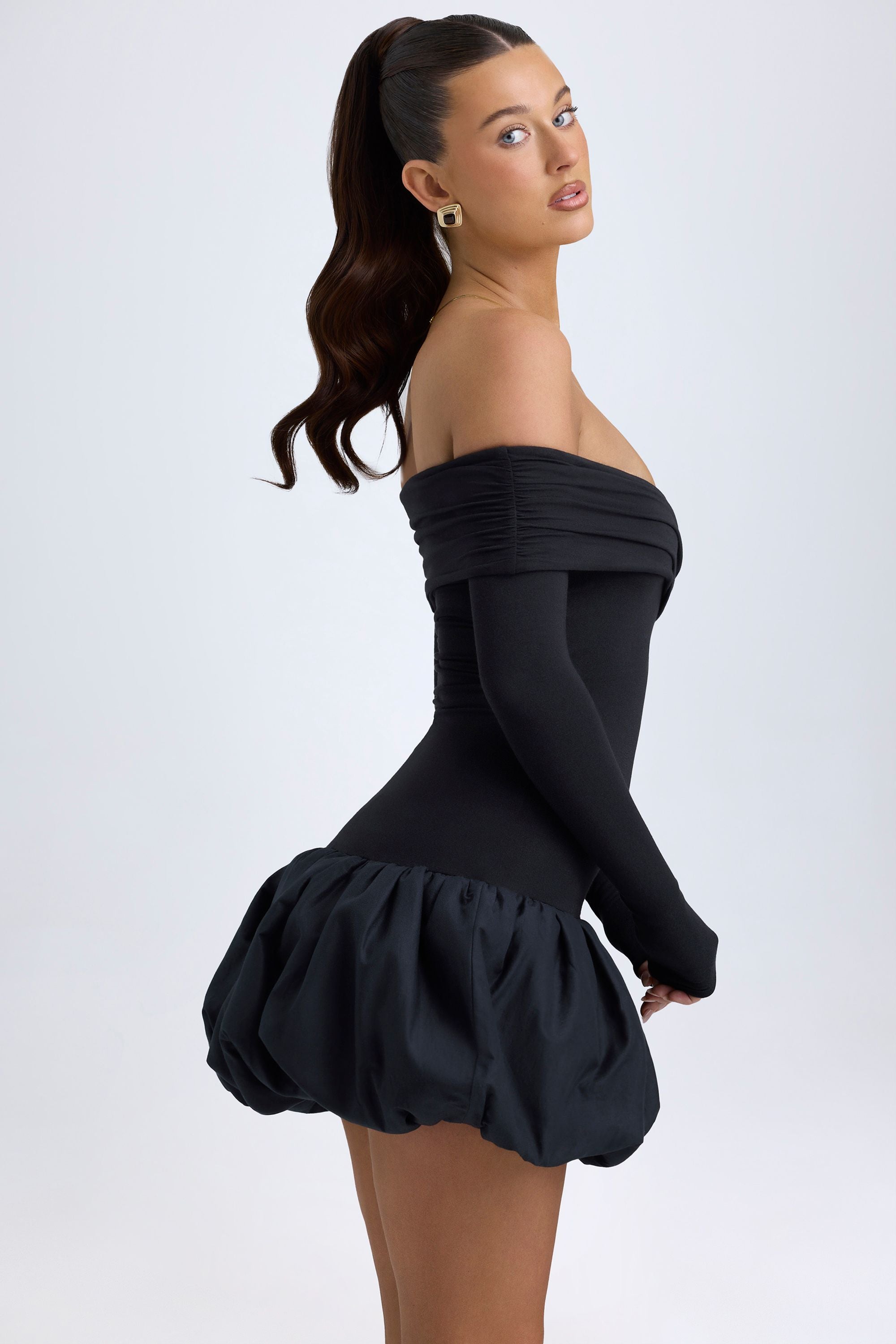 Serra Modal Off-Shoulder Bubble Hem Mini Dress in Black - Image 3