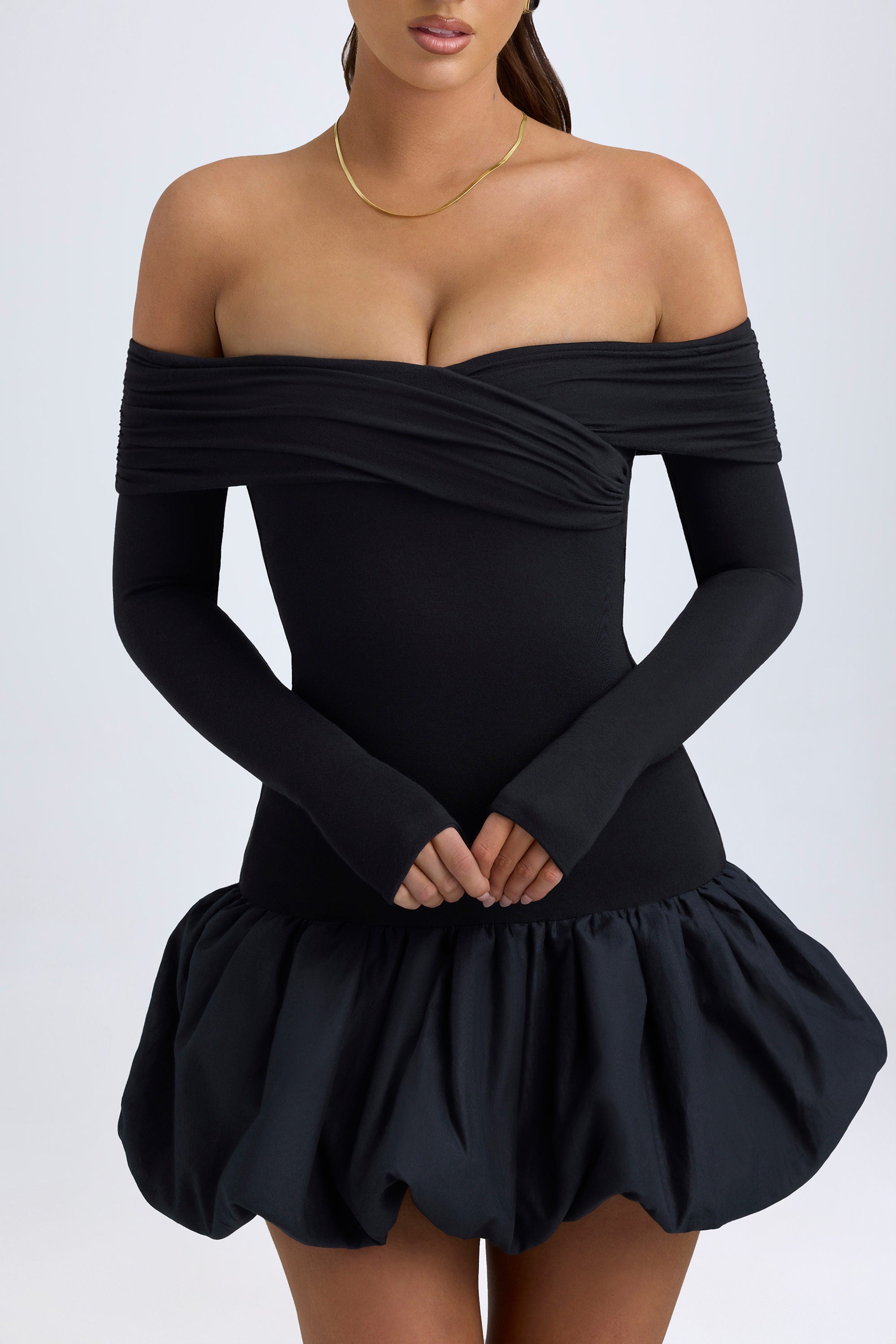 Serra Modal Off-Shoulder Bubble Hem Mini Dress in Black - Image 4