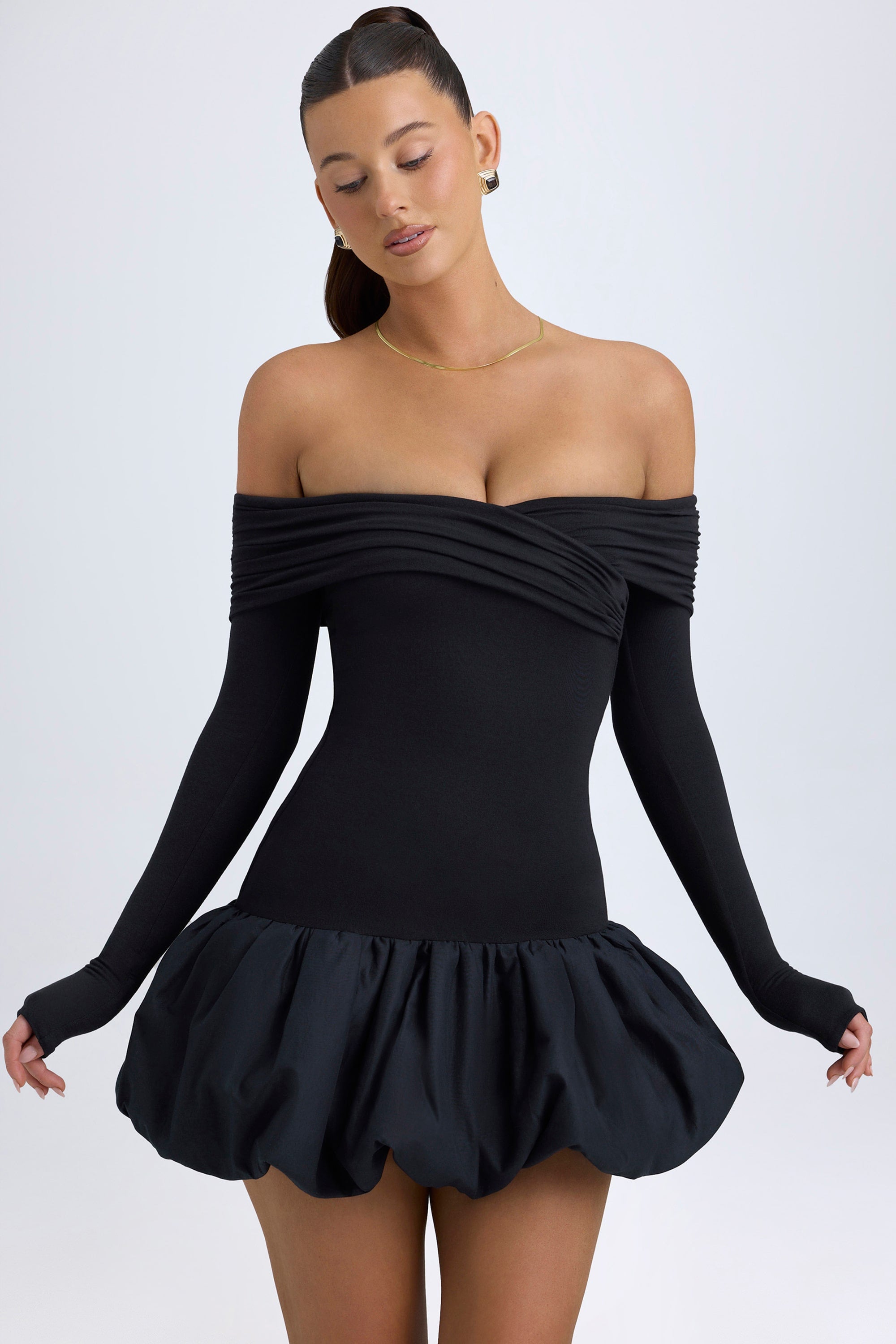 Serra Modal Off-Shoulder Bubble Hem Mini Dress in Black - Image 5