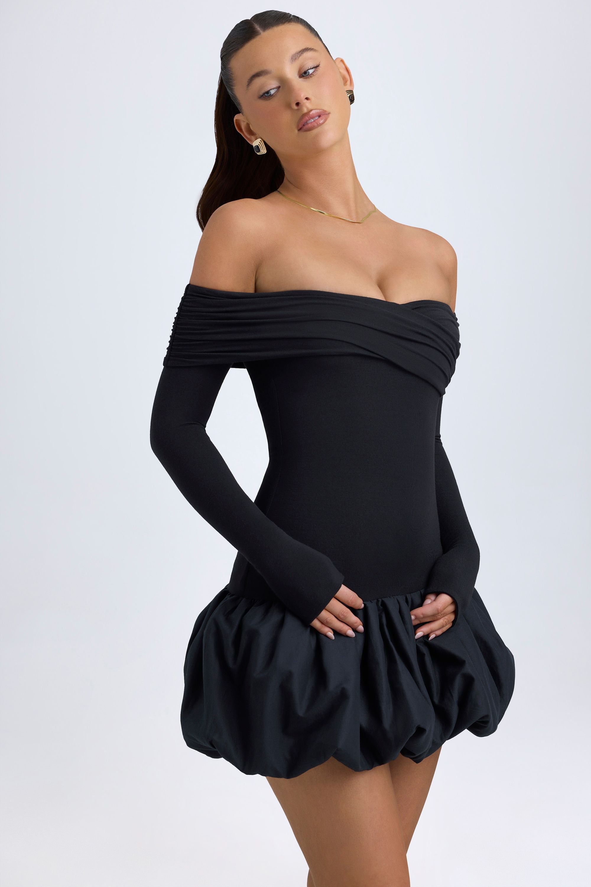 Serra Modal Off-Shoulder Bubble Hem Mini Dress in Black - Image 7