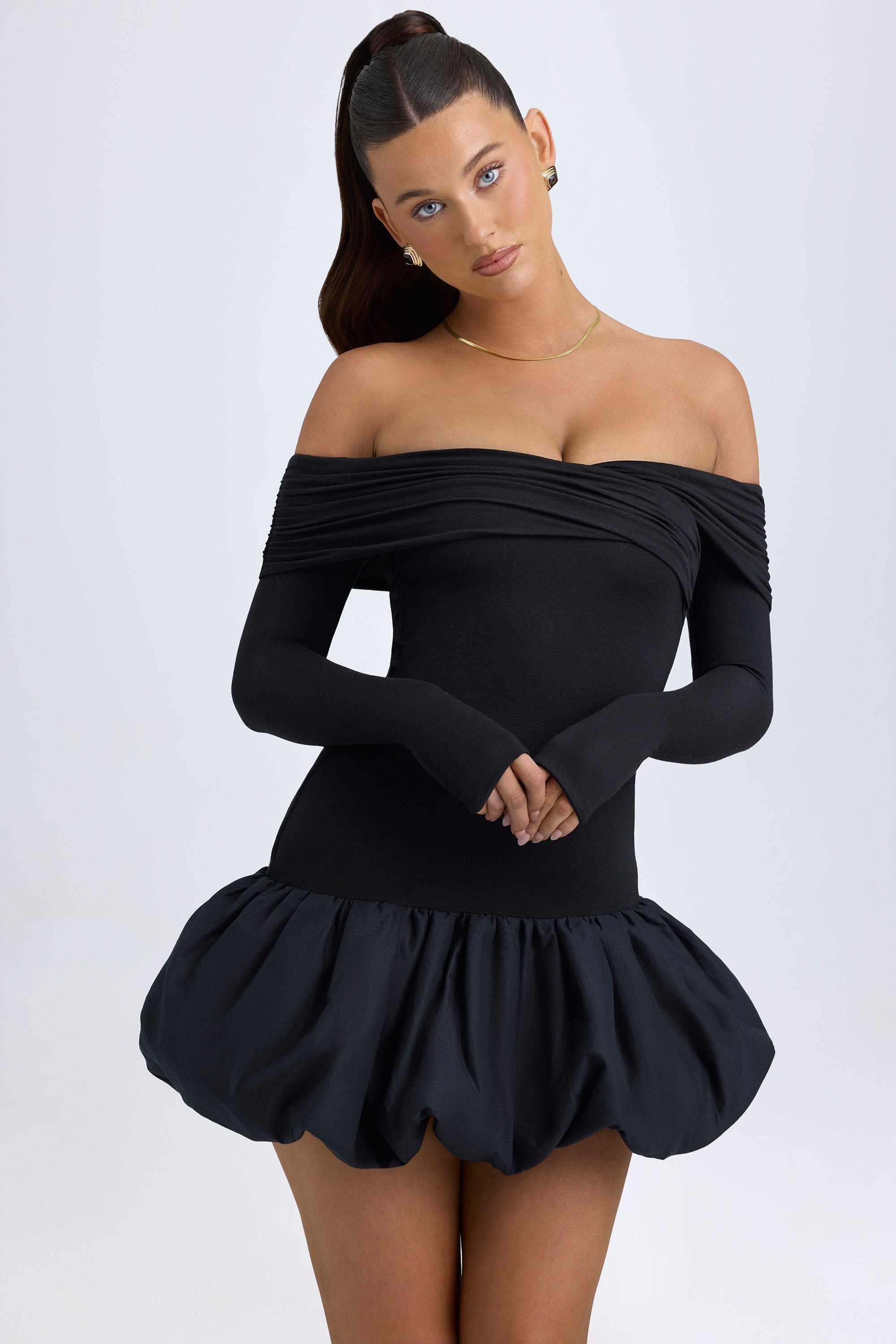 Serra Modal Off-Shoulder Bubble Hem Mini Dress in Black - Image 8