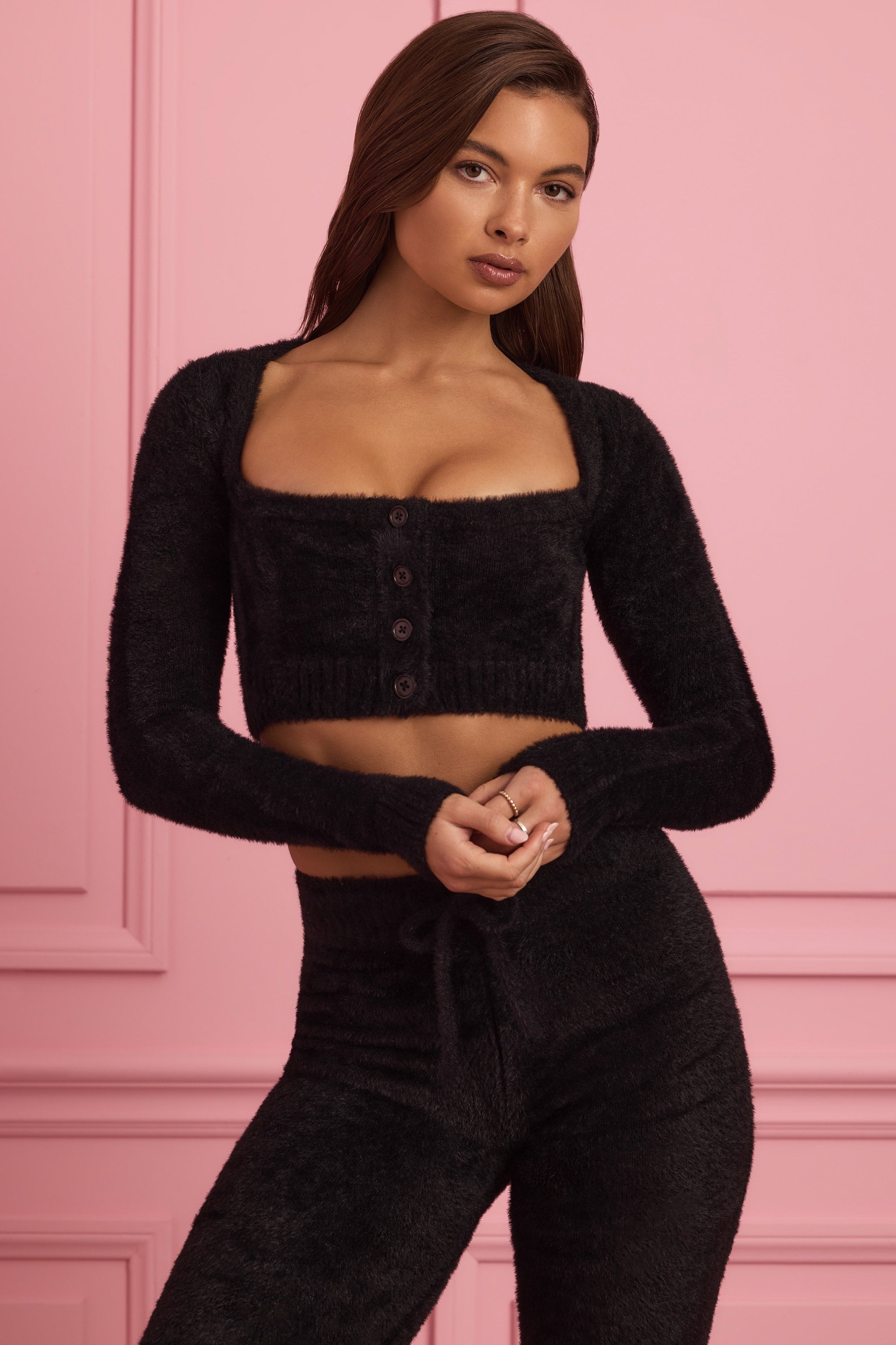 Sharni Fluffy Knit Cropped Cardigan in Black - Image 5