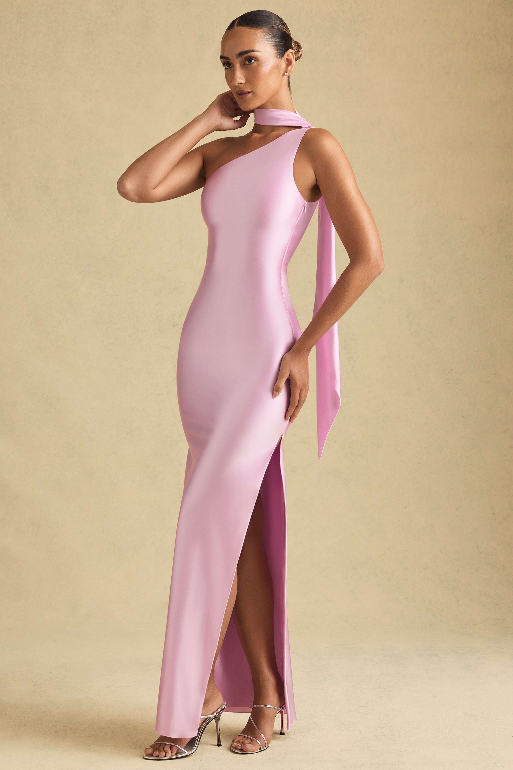Sheril Asymmetric Scarf-Detail Maxi Dress in Soft Pink
