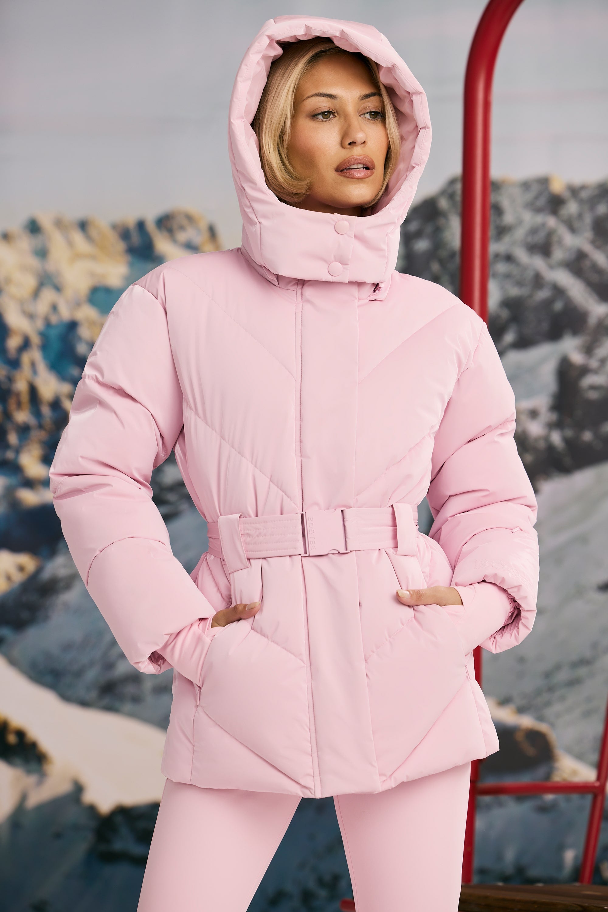 Oversized Quilted Hooded Ski Jacket in Pastel Pink - Image 9