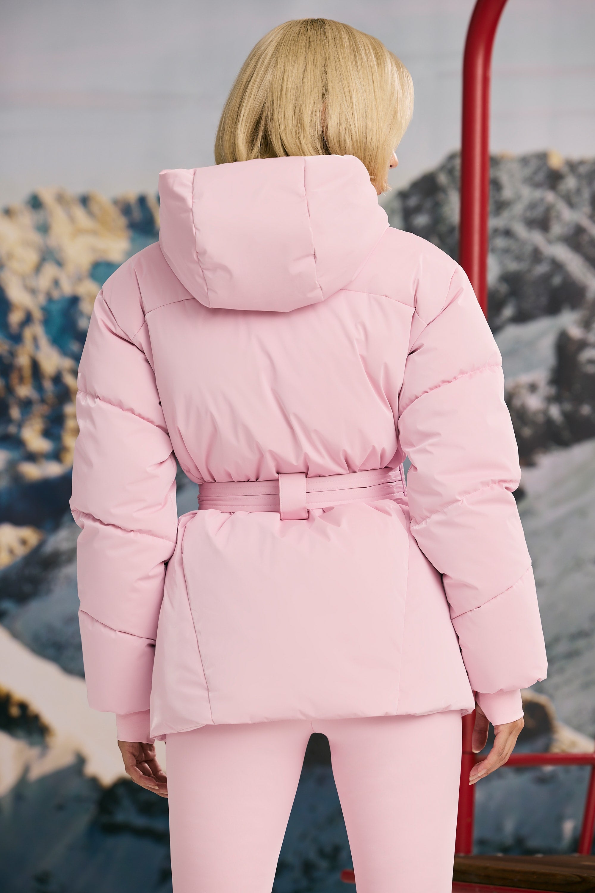 Oversized Quilted Hooded Ski Jacket in Pastel Pink - Image 2