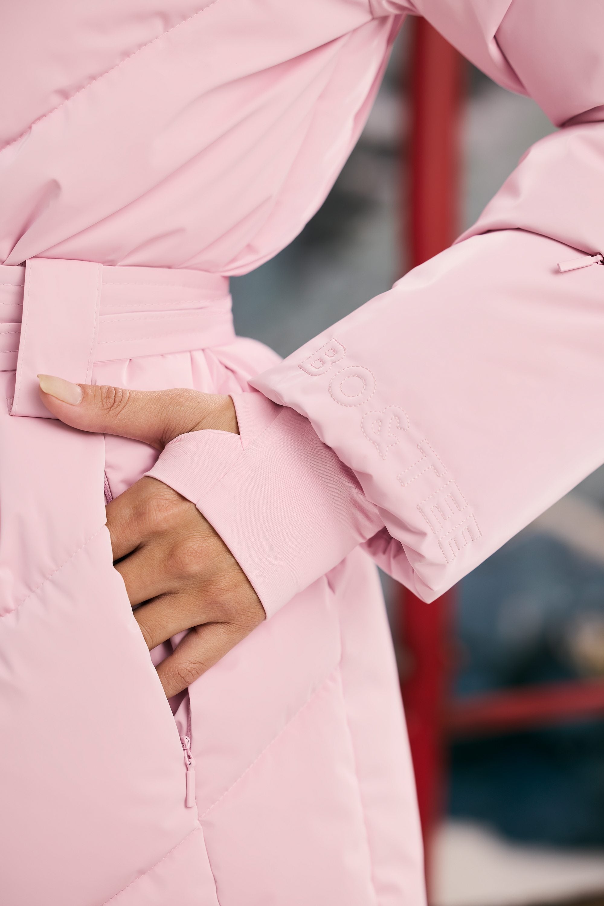 Oversized Quilted Hooded Ski Jacket in Pastel Pink - Image 5