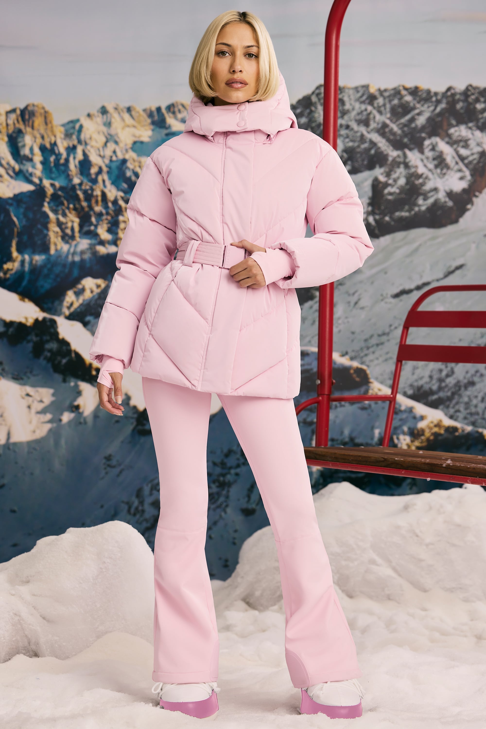 Oversized Quilted Hooded Ski Jacket in Pastel Pink - Image 6