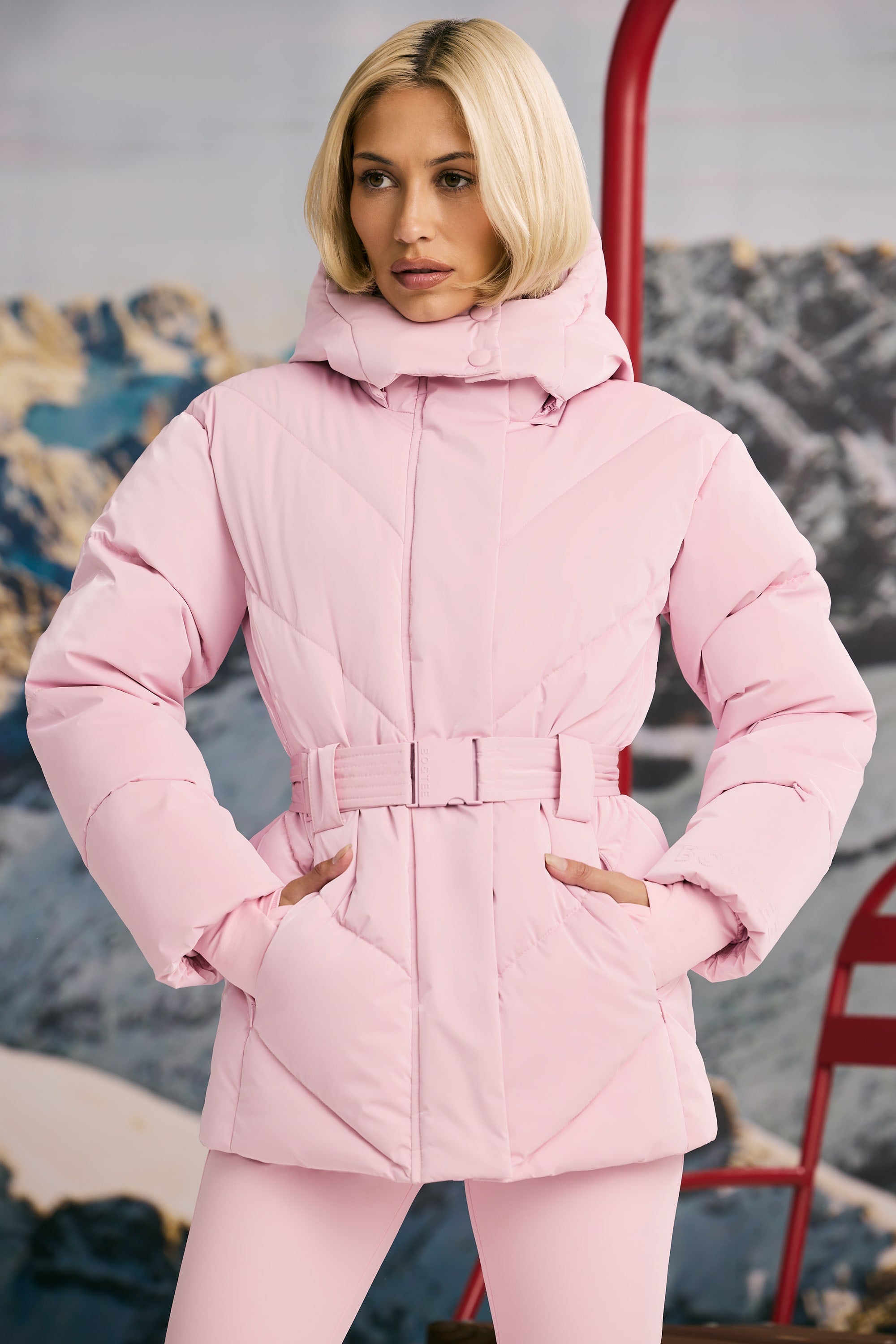 Oversized Quilted Hooded Ski Jacket in Pastel Pink - Image 8