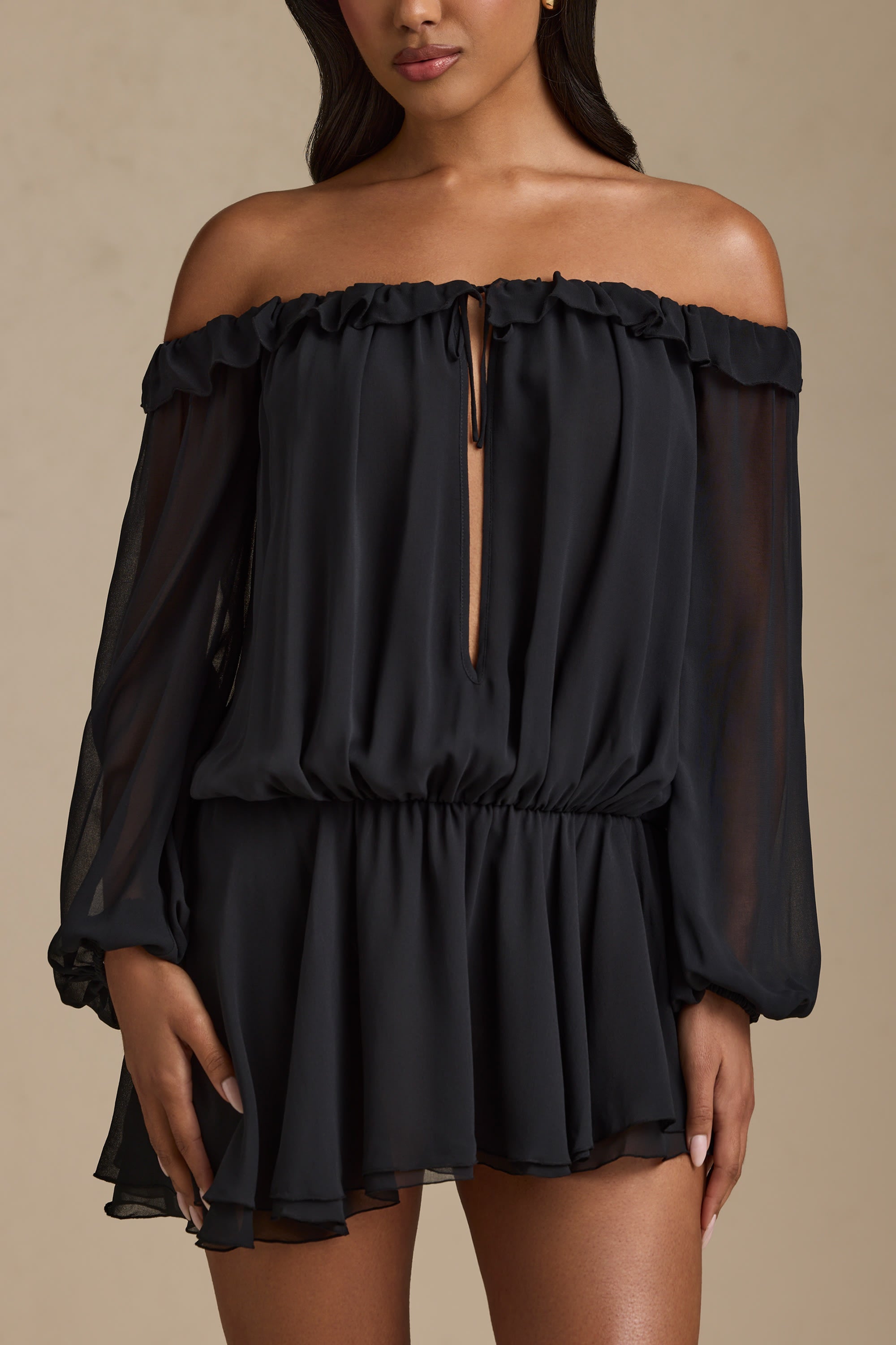 Solana Off-Shoulder Asymmetric Balloon-Sleeve Mini Dress in Black - Image 2