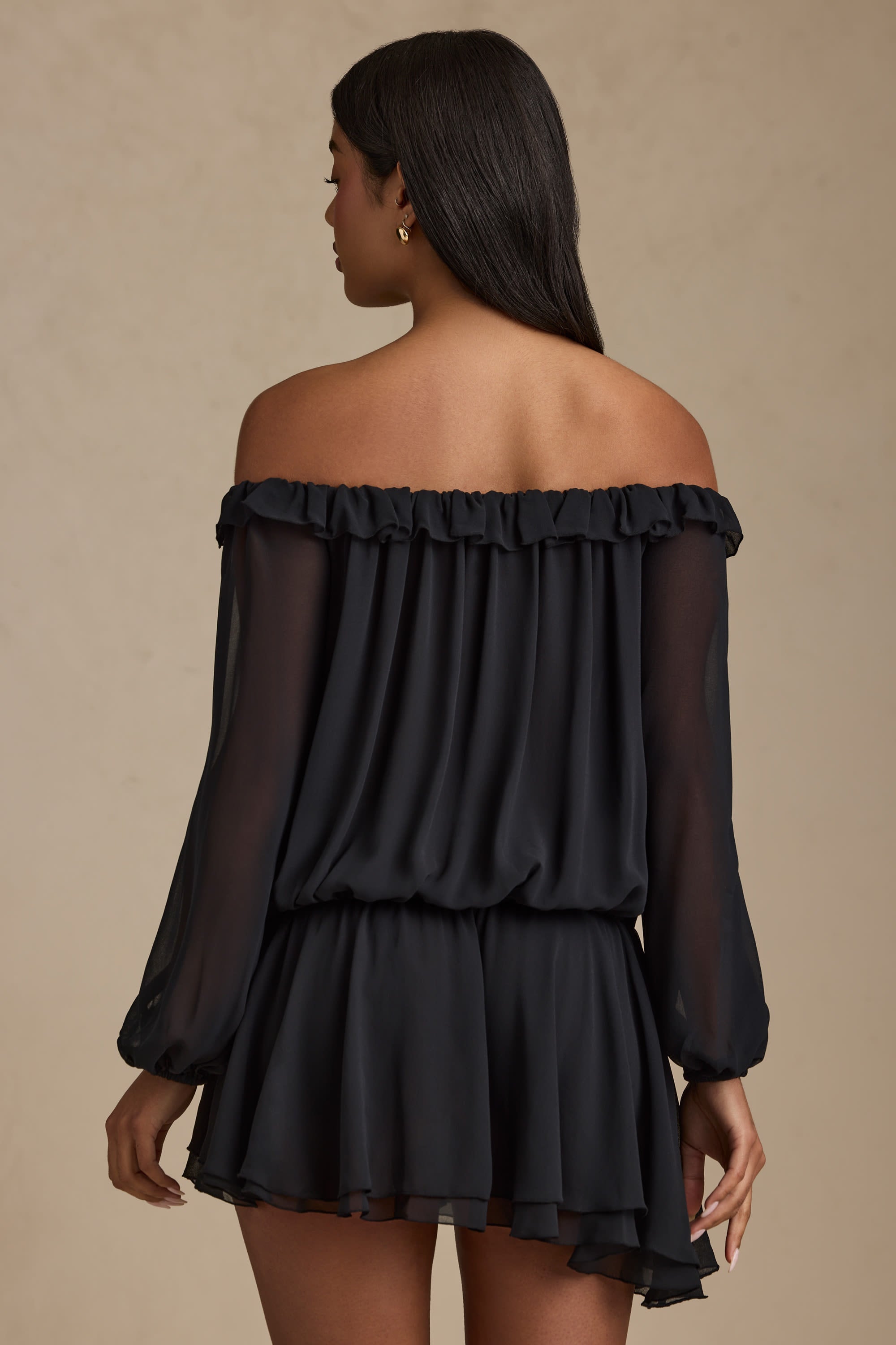Solana Off-Shoulder Asymmetric Balloon-Sleeve Mini Dress in Black - Image 3