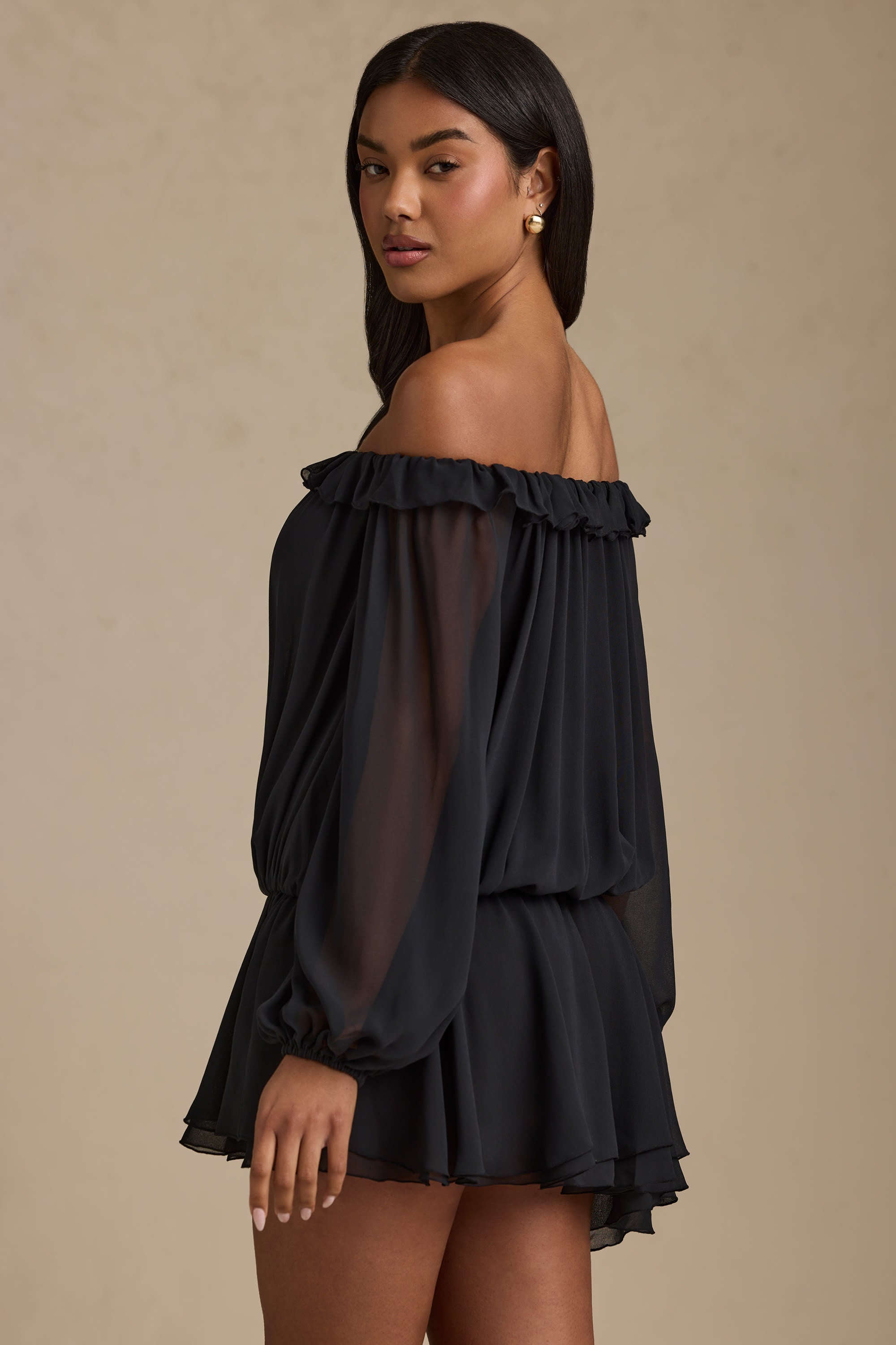Solana Off-Shoulder Asymmetric Balloon-Sleeve Mini Dress in Black - Image 4
