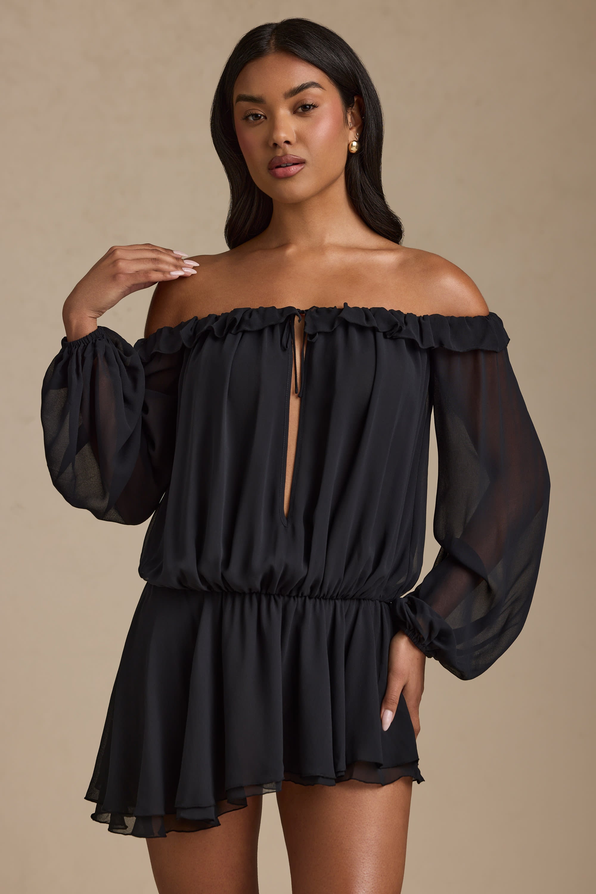 Solana Off-Shoulder Asymmetric Balloon-Sleeve Mini Dress in Black - Image 5
