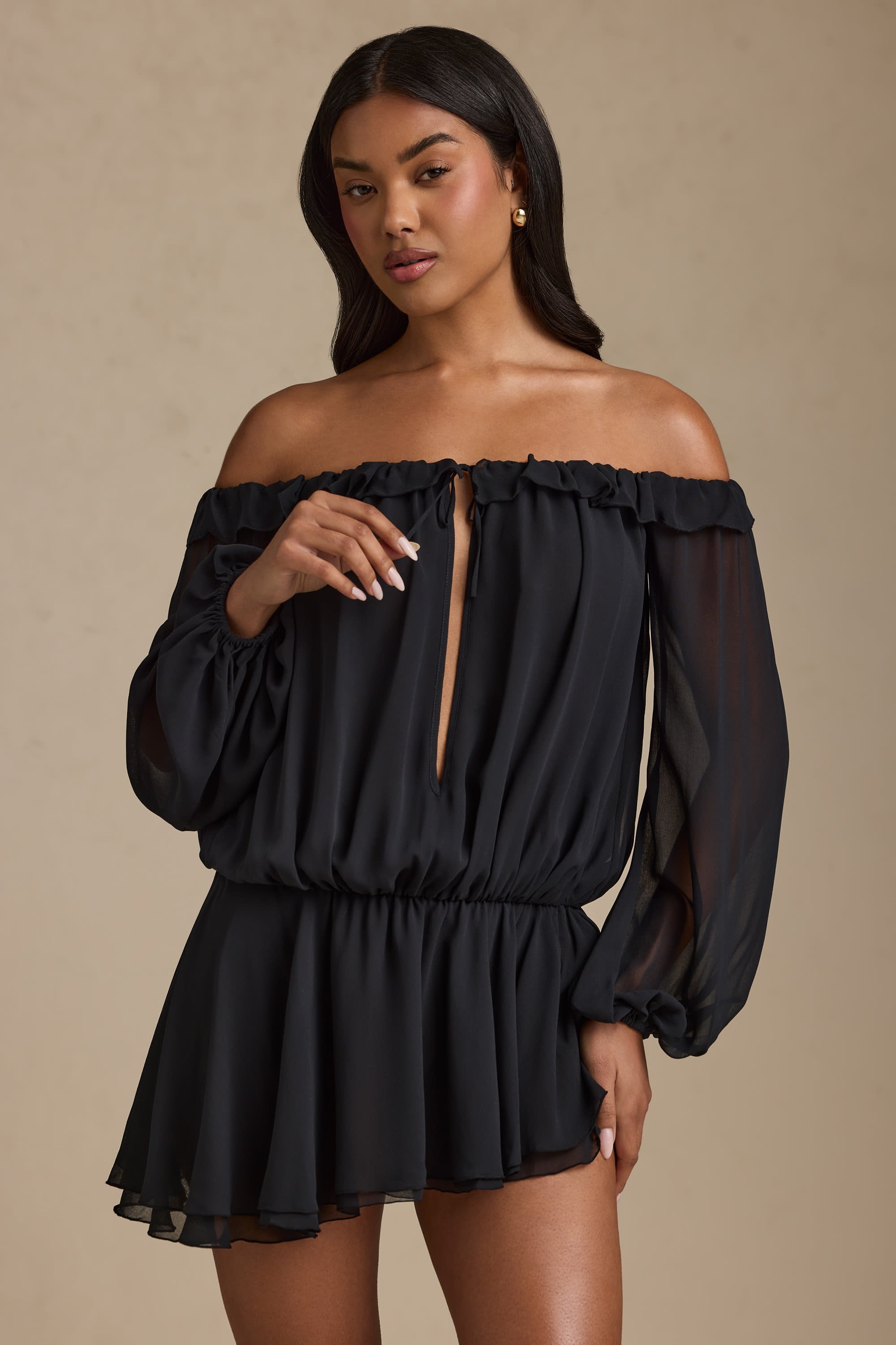 Solana Off-Shoulder Asymmetric Balloon-Sleeve Mini Dress in Black - Image 6