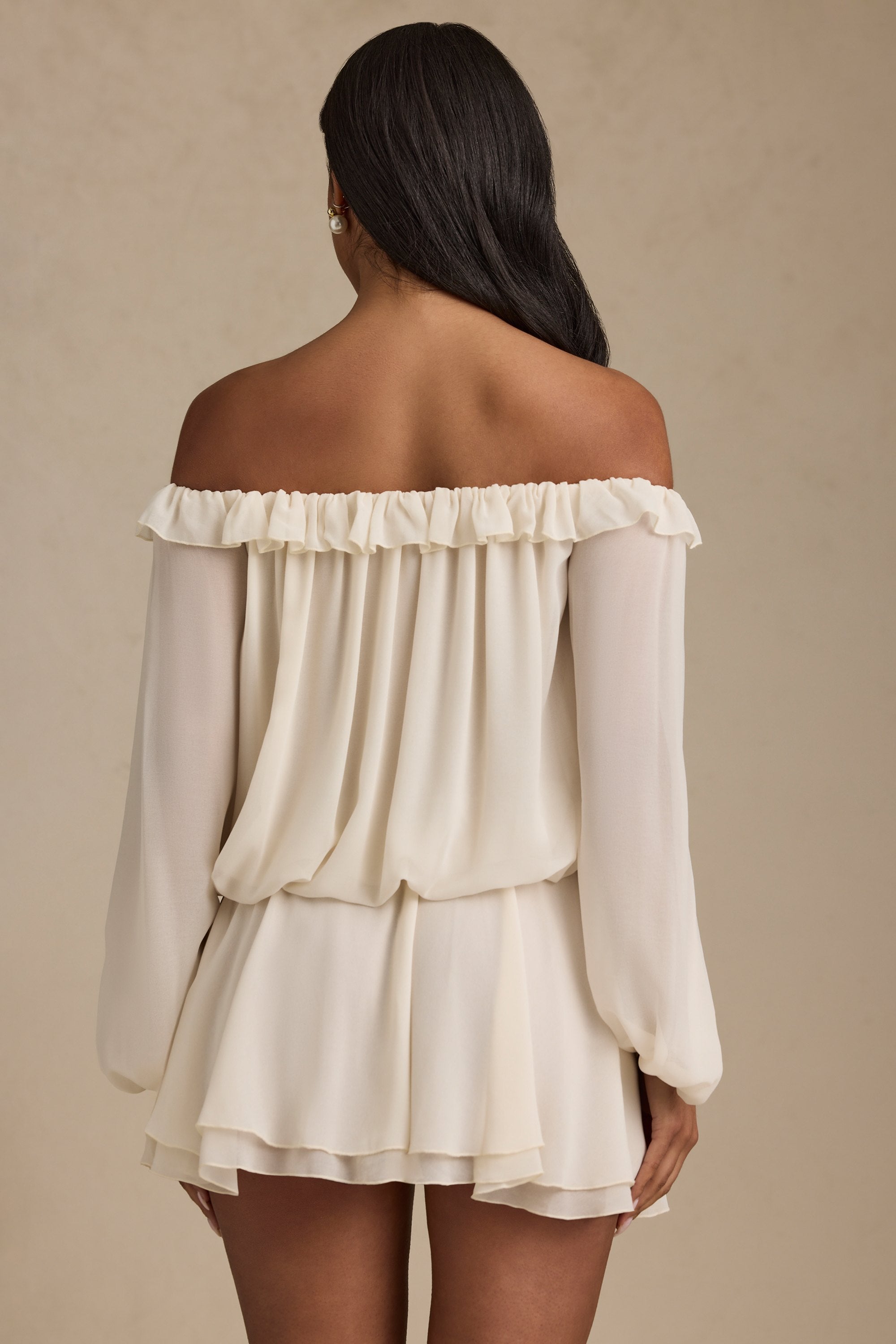 Solana Off-Shoulder Asymmetric Balloon-Sleeve Mini Dress in Ivory - Image 2