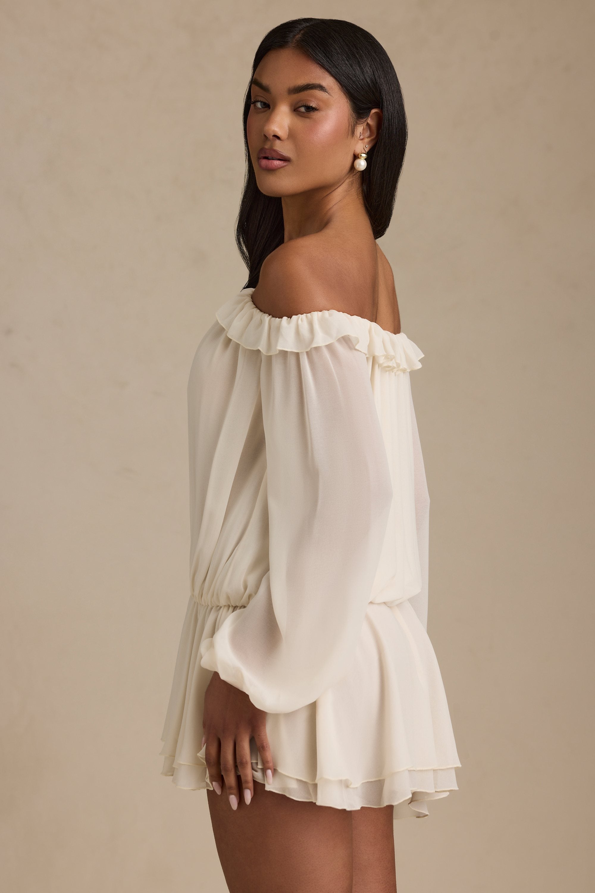Solana Off-Shoulder Asymmetric Balloon-Sleeve Mini Dress in Ivory - Image 3